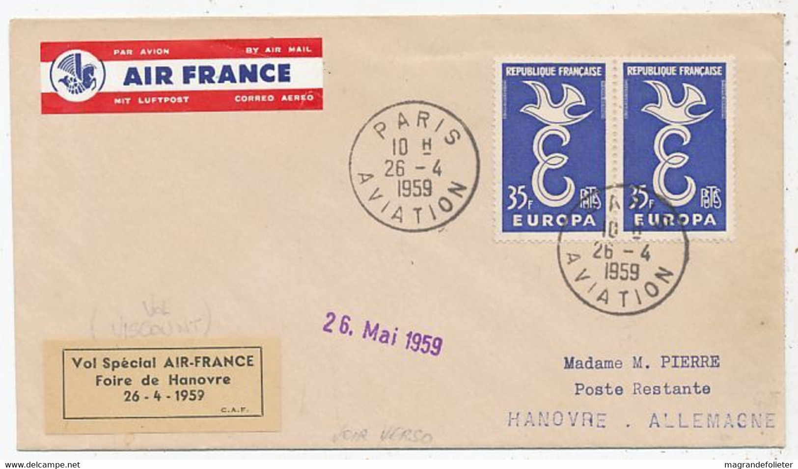 AVION AVIATION AIRLINE AIR FRANCE  FOIRE HANOVRE TRANSPORTE PAR VISCOUNT F-BGNO 1959 - Flight Certificates