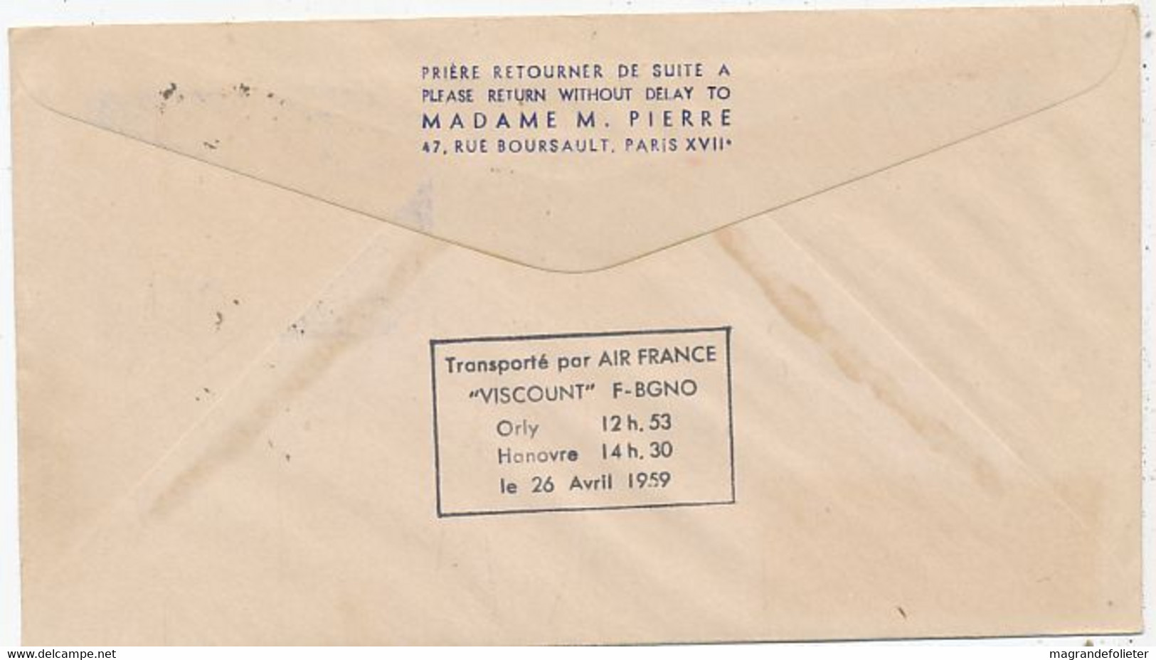 AVION AVIATION AIRLINE AIR FRANCE  FOIRE HANOVRE TRANSPORTE PAR VISCOUNT F-BGNO 1959 - Certificats De Vol