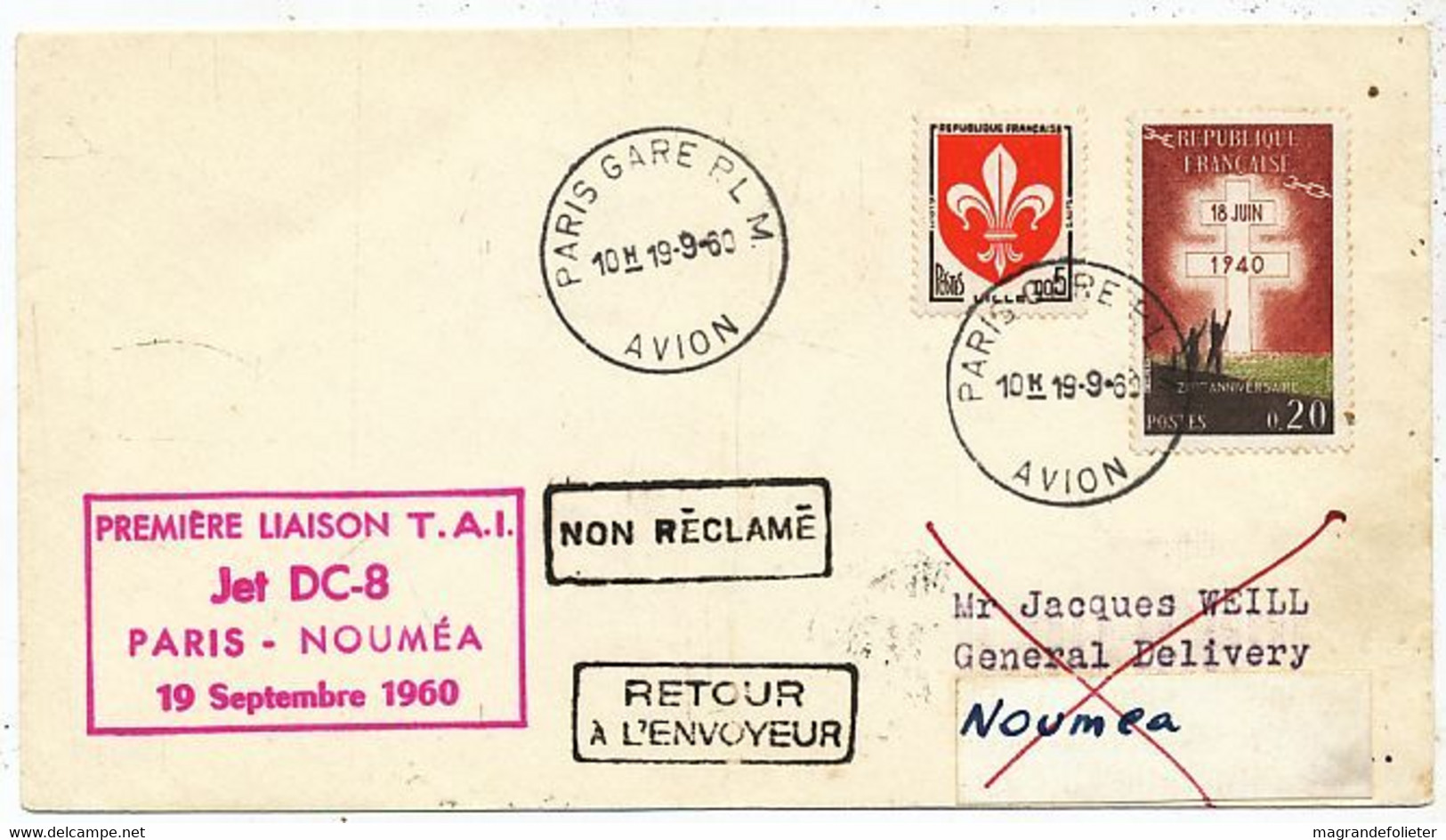 AVION AVIATION AIRLINE AIR FRANCE PREMIERE LIAISON T.A.I. JET DC-8 PARIS-NOUMEA 1960 - Flight Certificates