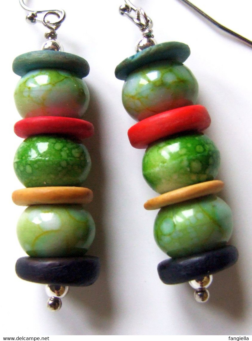 Boucles D'oreilles Fait-main, Résine Marbrée, Perles Bois, Perles Couleur Rasta, Cadeau Original, Cadeau Femme, Achat So - Ohrringe