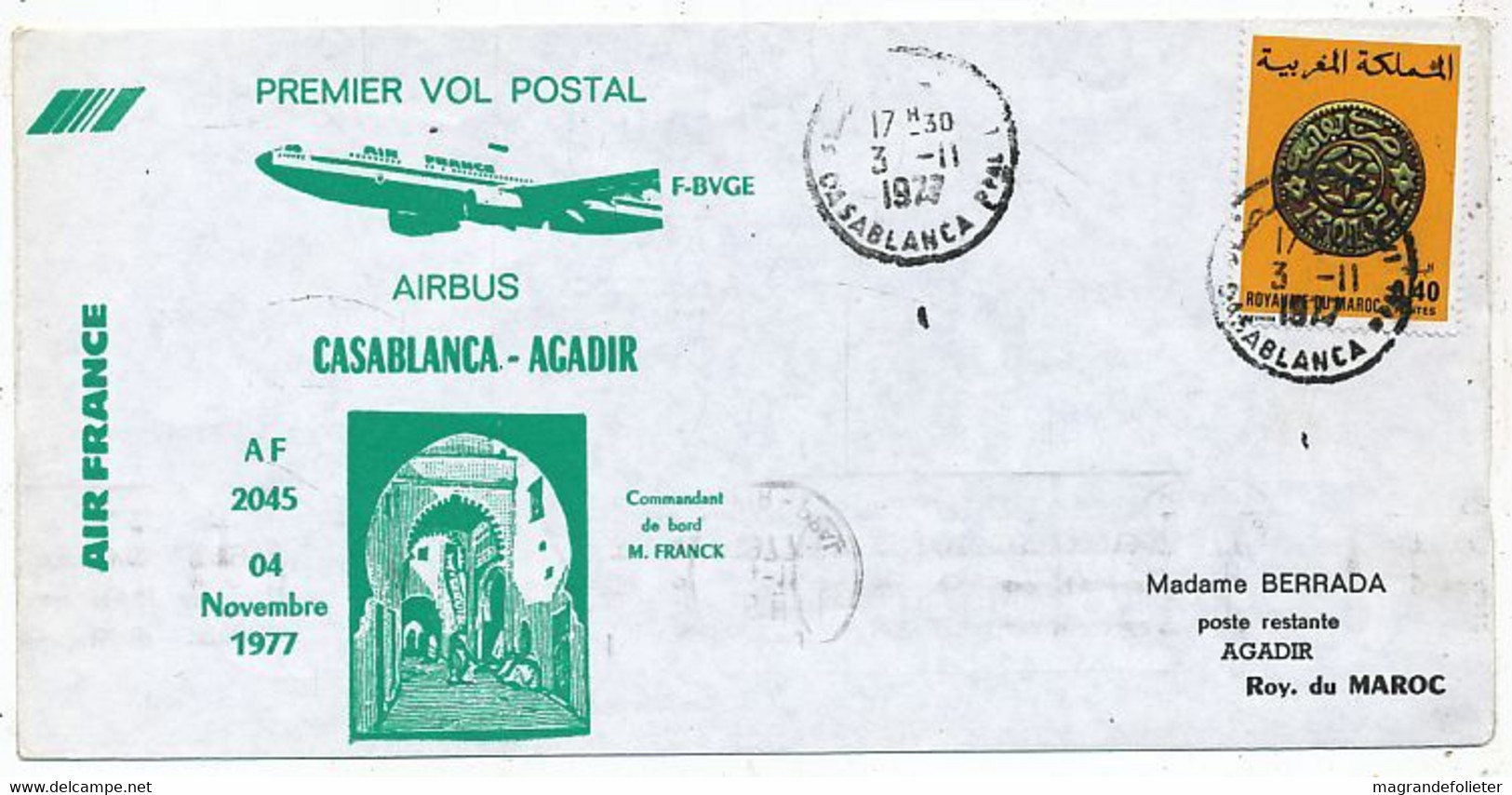 AVION AVIATION AIRLINE AIR FRANCE PREMIER VOL POSTAL AIRBUS CASABLANCA-AGADIR 1977 - Brevetti Di Volo