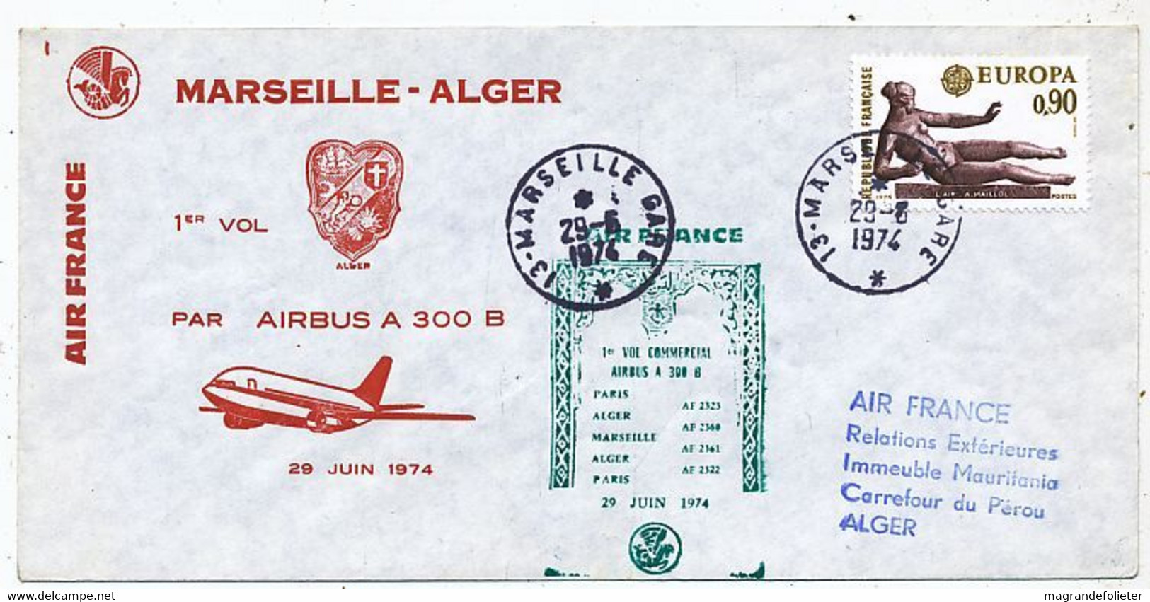 AVION AVIATION AIRLINE AIR FRANCE PREMIER VOL AIRBUS A-300 B  MARSEILLE-ALGER 1974 - Certificados De Vuelo
