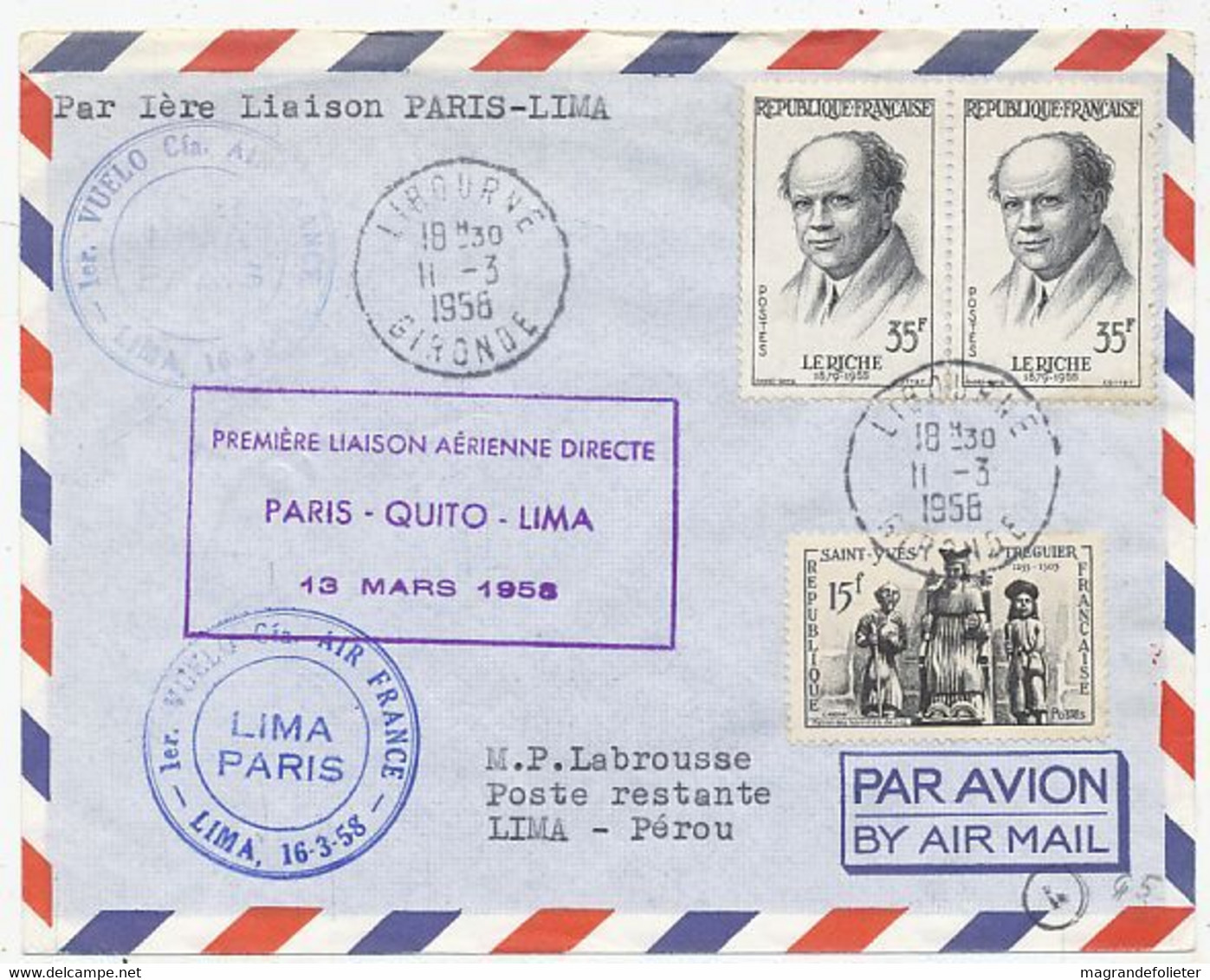 AVION AVIATION AIRLINE AIR FRANCE PREMIERE VOL PARIS-QUITO-LIMA 1958 - Certificats De Vol