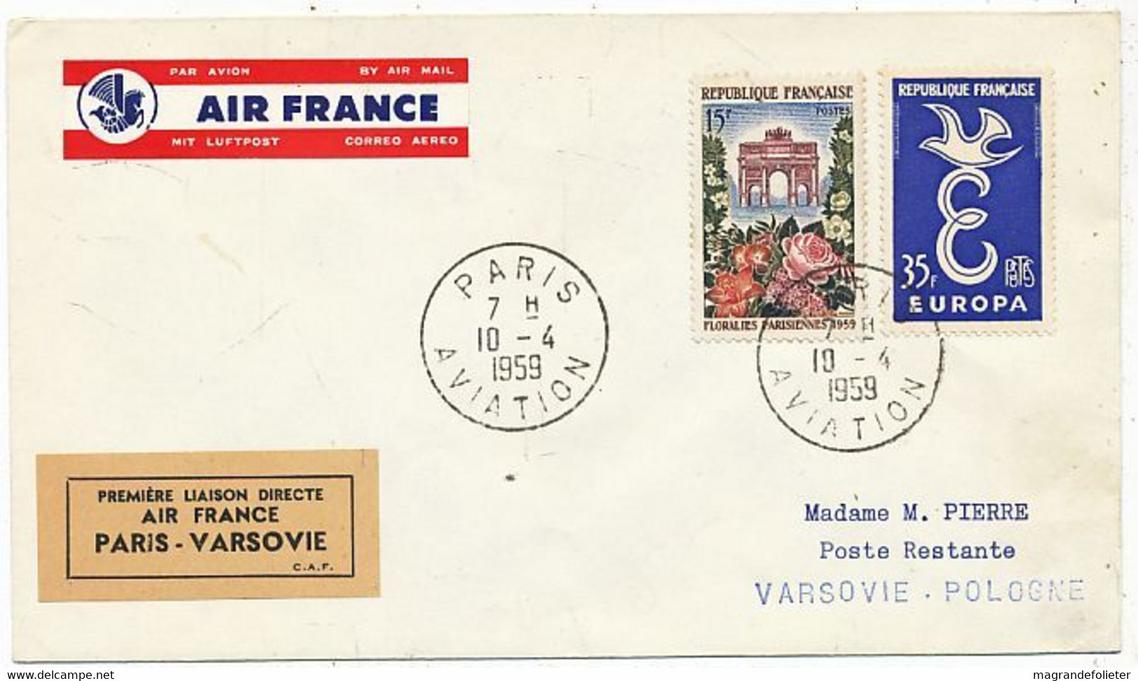 AVION AVIATION AIRLINE AIR FRANCE PREMIERE VOL DIRECT PARIS-VARSOVIE 1959 - Certificats De Vol