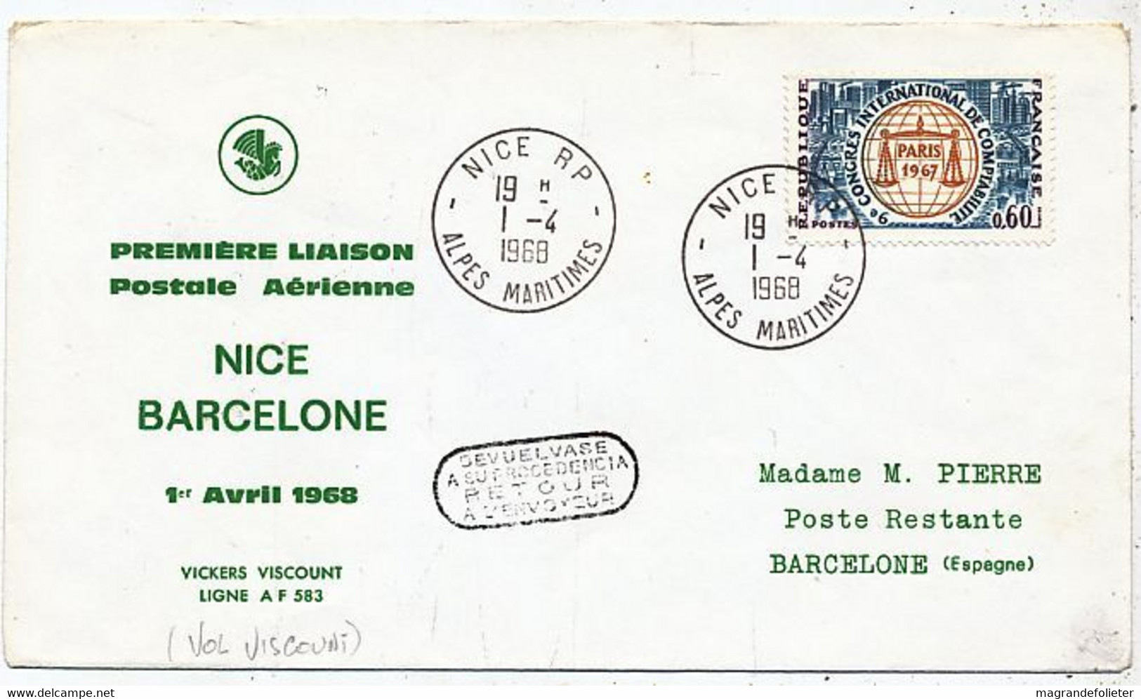 AVION AVIATION AIRLINE AIR FRANCE PREMIERE VOL POSTE AERIENNE NICE-BARCELONE 1968 - Vliegvergunningen