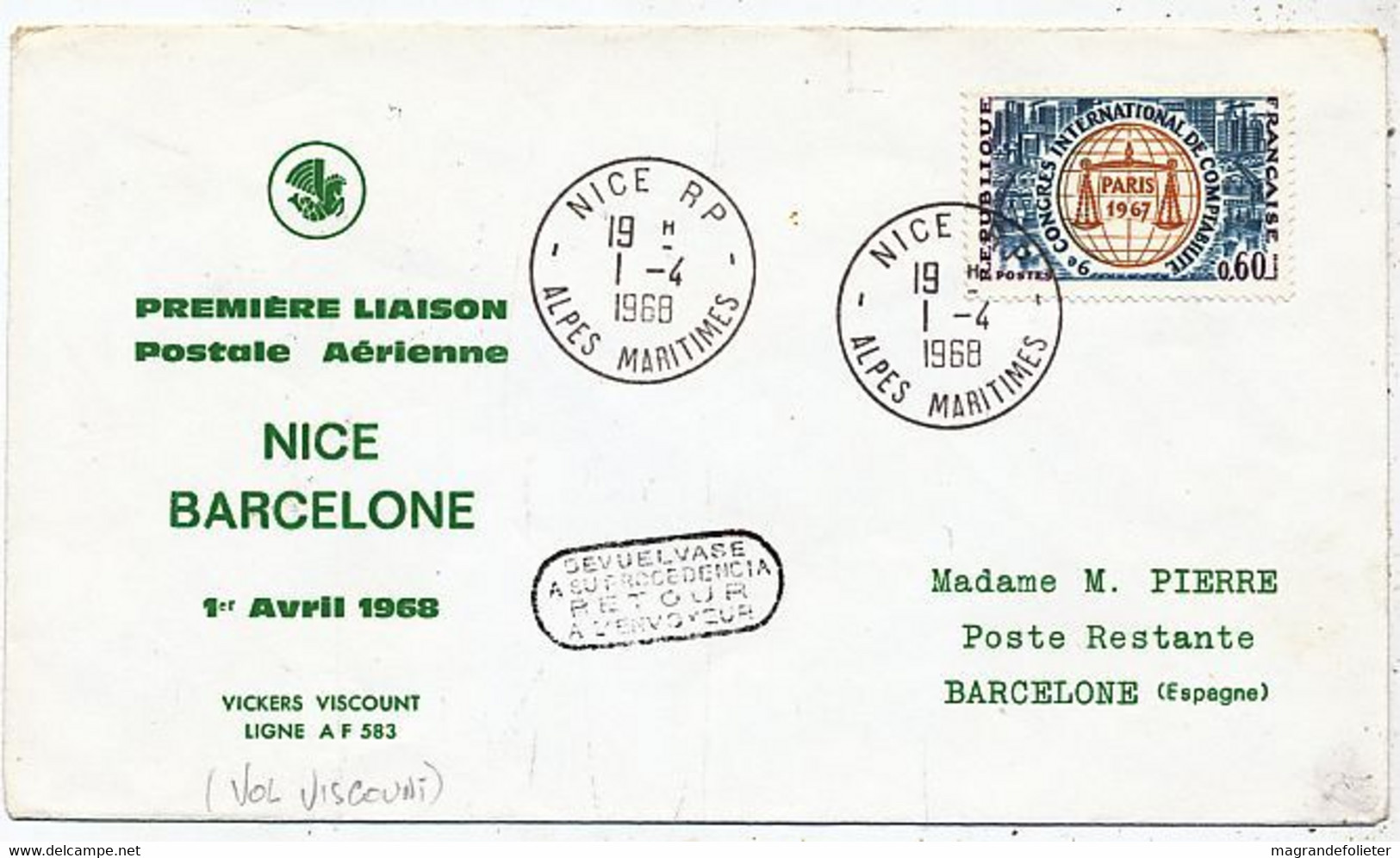 AVION AVIATION AIRLINE AIR FRANCE PREMIERE VOL POSTE AERIENNE NICE-BARCELONE 1968 - Certificados De Vuelo
