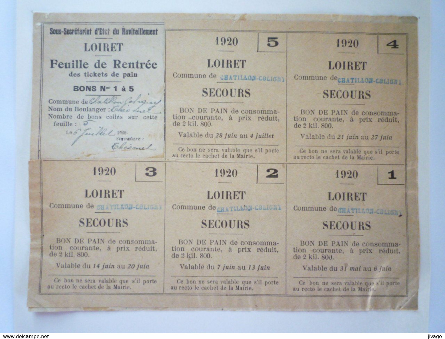 2022 - 3691  CARTE De RATIONNEMENT  1920  (LOIRET)  :  BONS De PAIN  à Prix Réduit   XXX - Non Classés