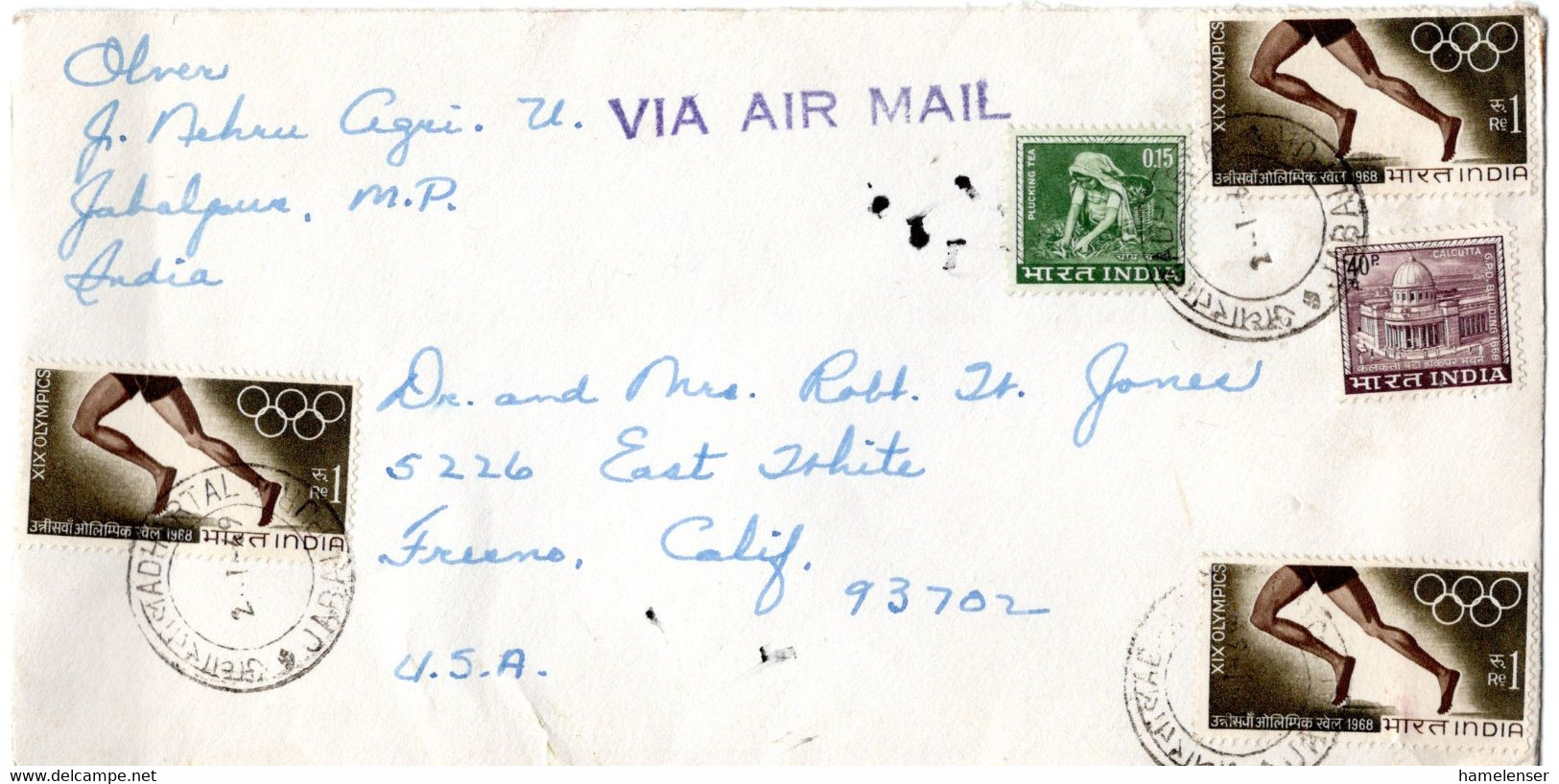 61048 - Indien - 1969 - 3@1Rp Olympiade Mexico MiF A LpBf JABALPUR -> Fresno, CA (USA) - Cartas & Documentos