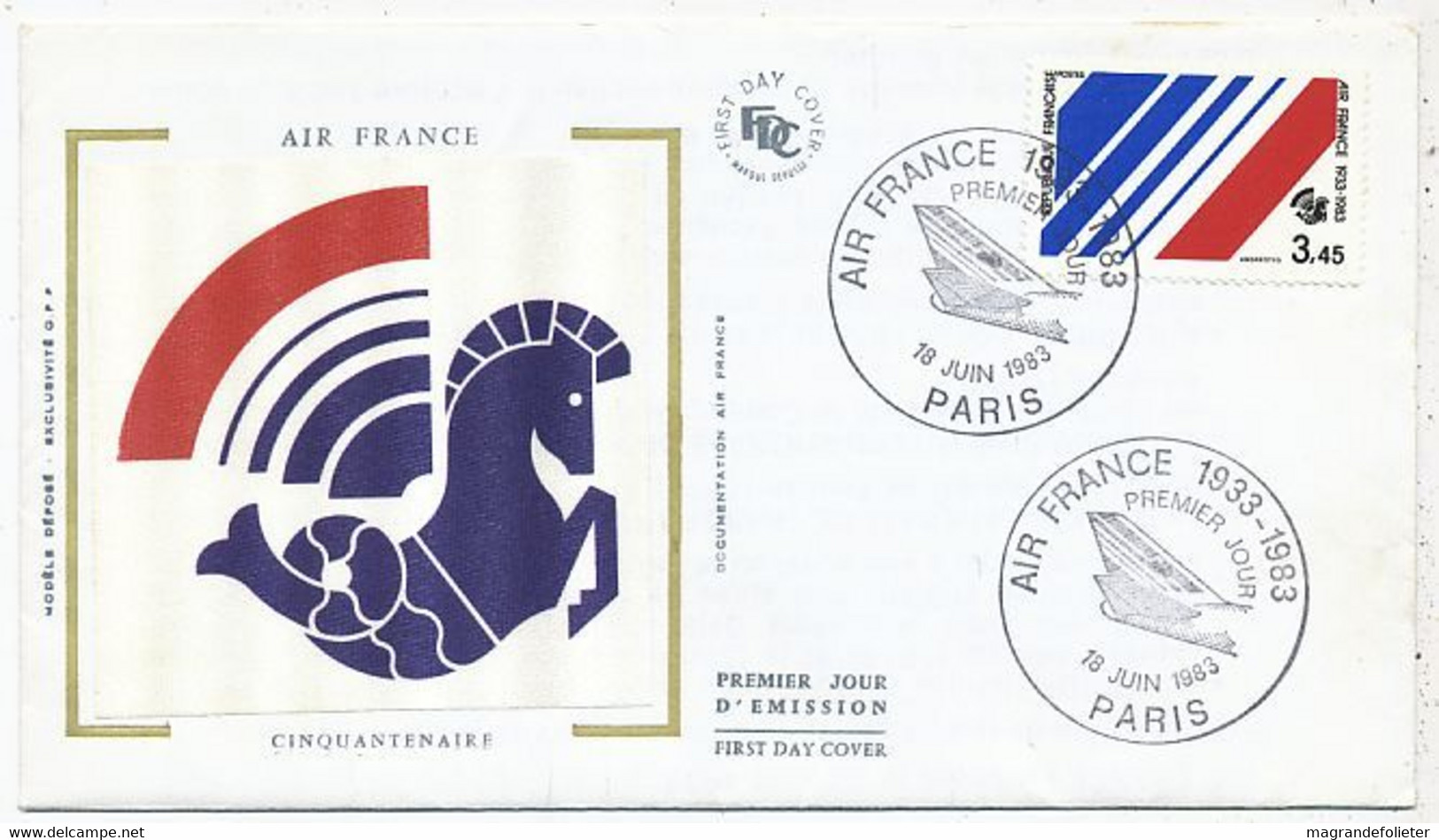 AVION AVIATION AIRLINE AIR FRANCE CINQUANTENAIRE 1933-1983 FDC SUR SOIE - Vliegvergunningen