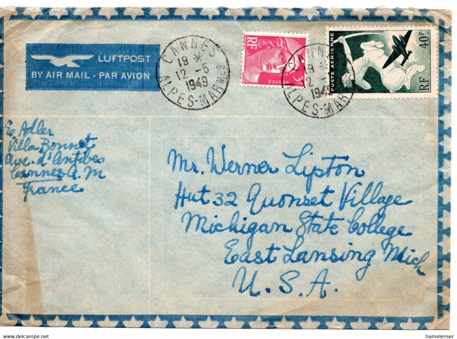 61049 - Frankreich - 1949 - 40F Luftpost MiF A LpBf CANNES -> East Lansing, MI (USA), Etw Fleckig (Marken OK) - Briefe U. Dokumente