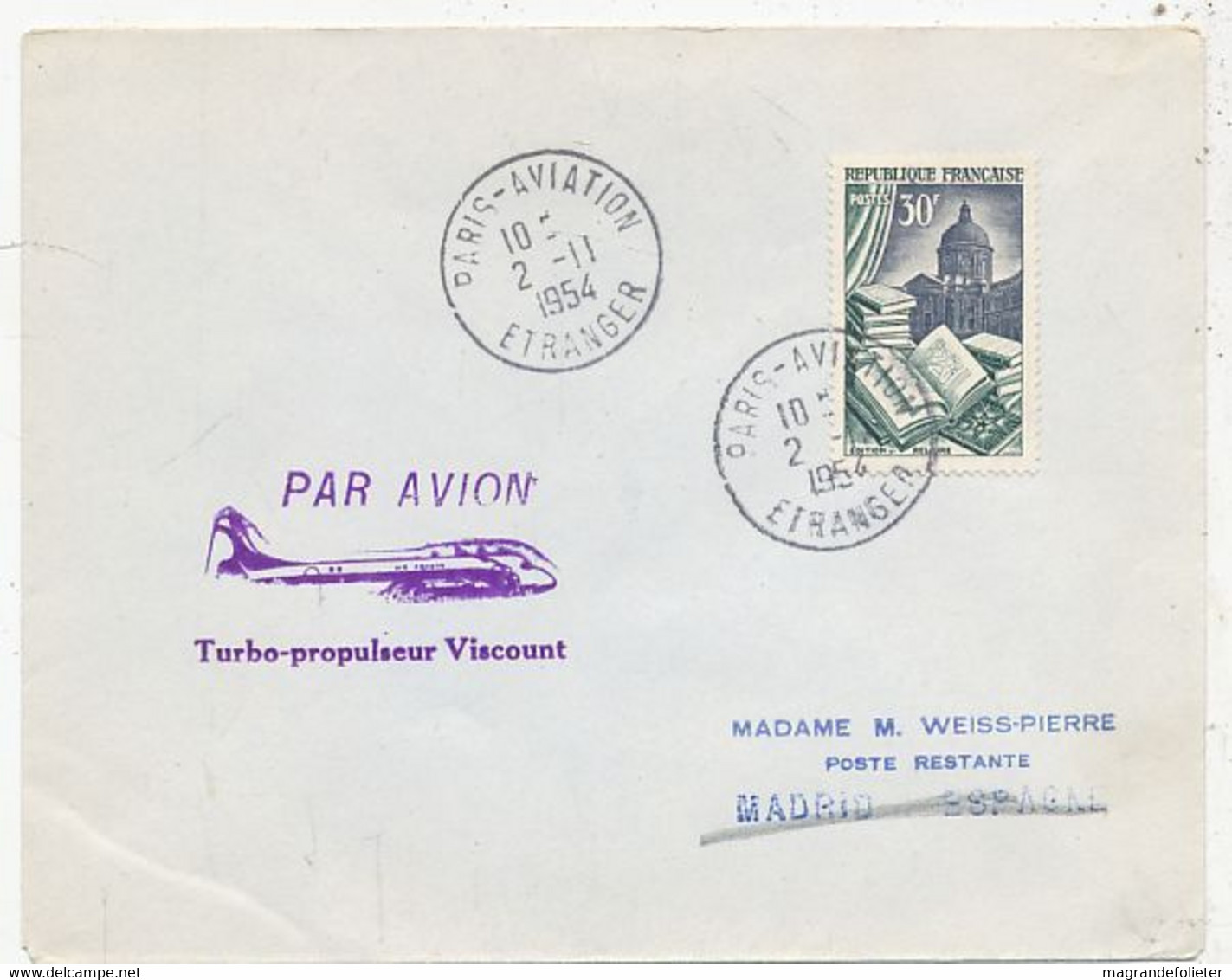 AVION AVIATION AIRLINE AIR FRANCE MADRID-PARIS PAR AVION TURBO-PROPULSEUR VISCOUNT 1954 - Certificados De Vuelo