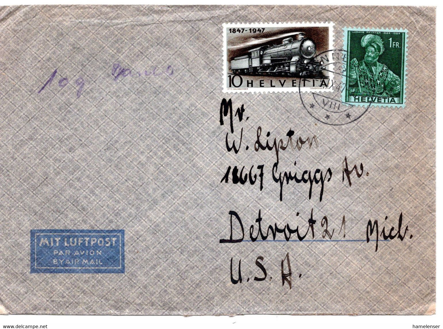 61050 - Schweiz - 1947 - 1Fr MiF A LpBf MAENNEDORF -> Detroit, MI (USA) - Briefe U. Dokumente