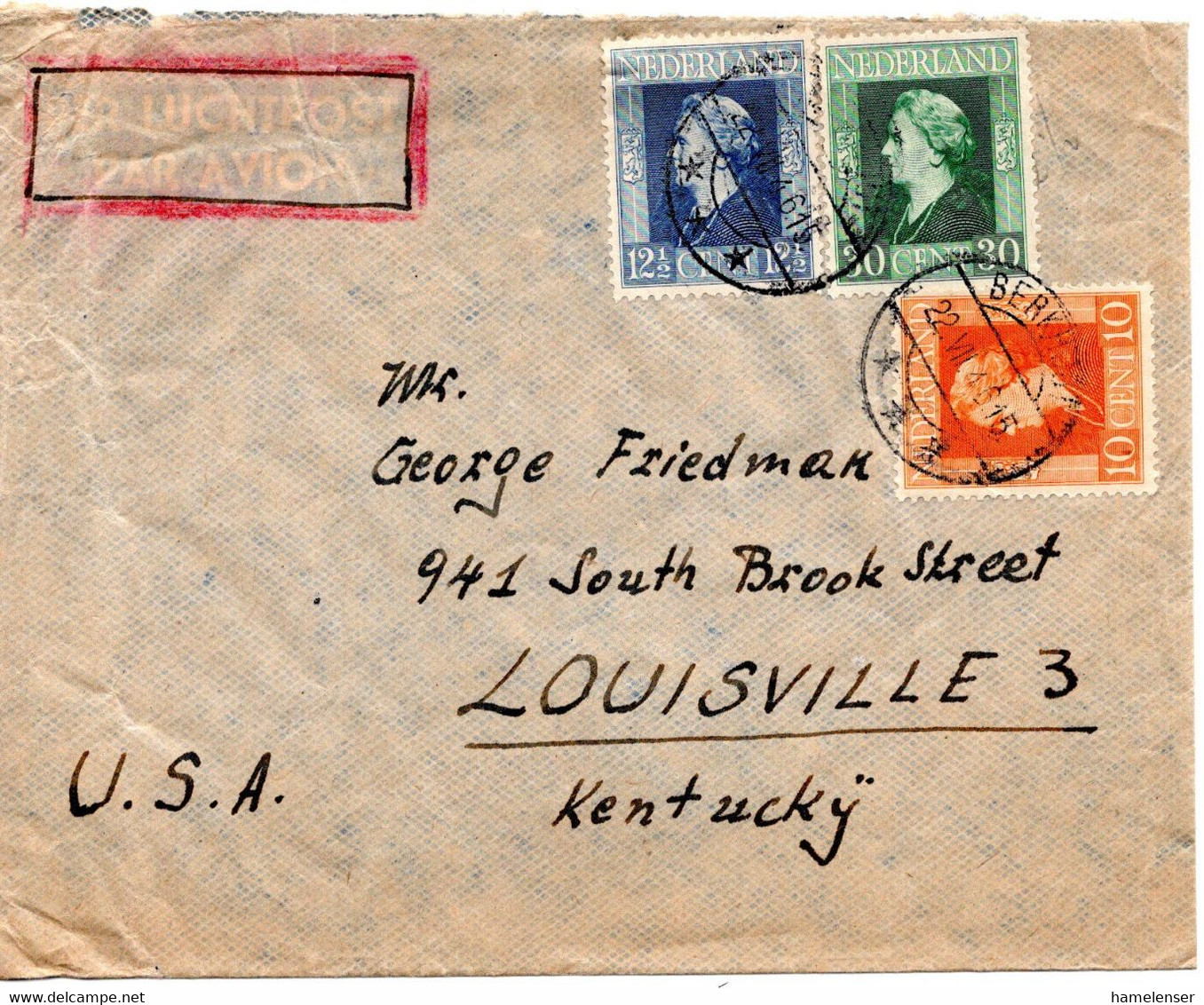 61052 - Niederland - 1946 - 30c Wilhelmina Grossformat MiF A LpBf BERKHOOF -> Louisville, KY (USA) - Covers & Documents