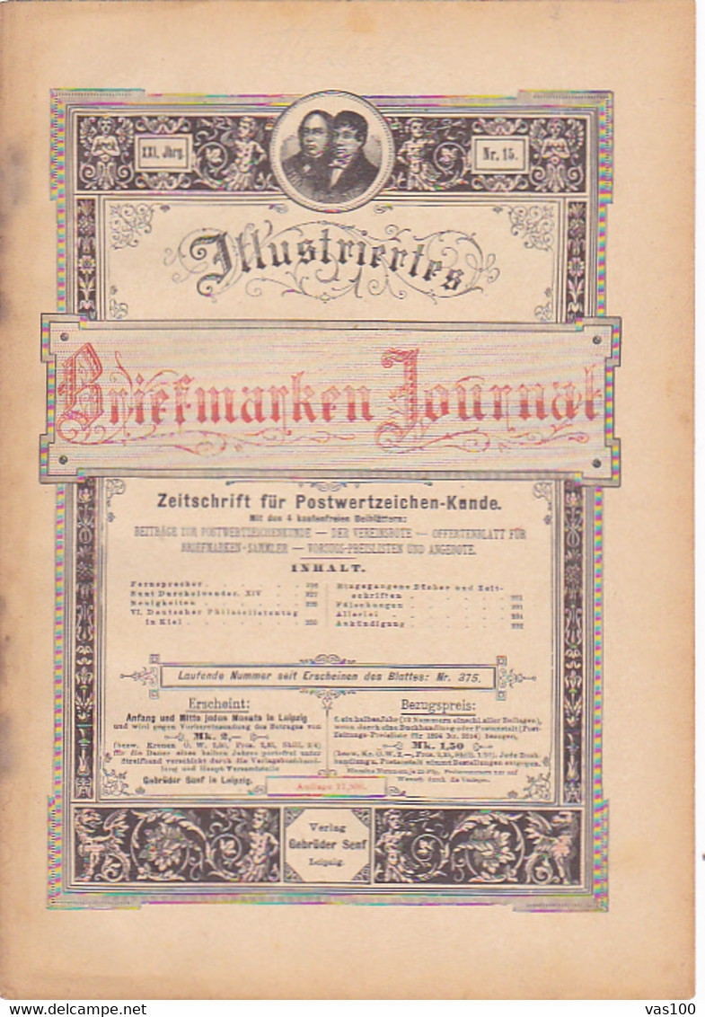 BOOKS, GERMAN, MAGAZINES, HOBBIES, ILLUSTRATED STAMPS JOURNAL, 8 SHEETS, LEIPZIG, XXI YEAR, NR 15, 1894, GERMANY - Hobby & Sammeln