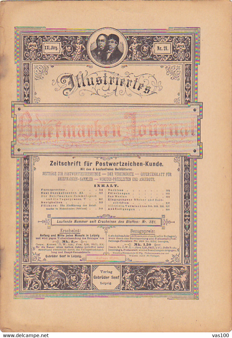 BOOKS, GERMAN, MAGAZINES, HOBBIES, ILLUSTRATED STAMPS JOURNAL, 8 SHEETS, LEIPZIG, XXI YEAR, NR 21, 1894, GERMANY - Loisirs & Collections