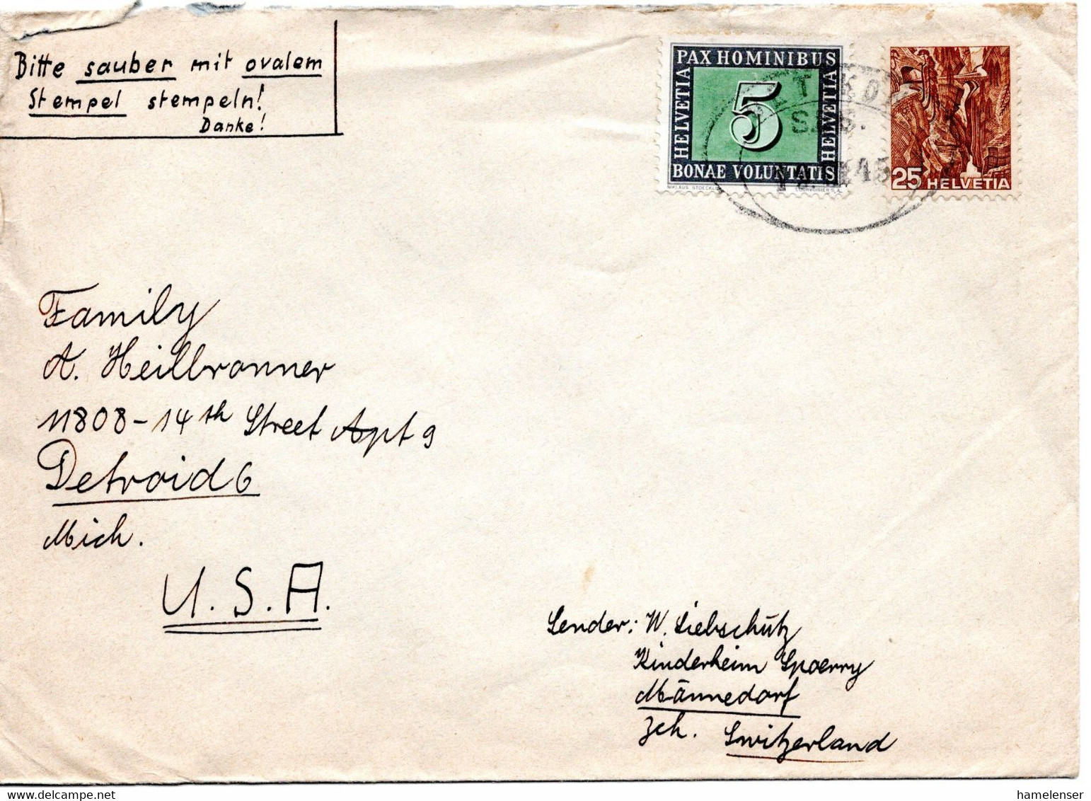 61055 - Schweiz - 1945 - 5Rp PAX MiF A Bf DETIKON -> Detroit, MI (USA) - Cartas & Documentos