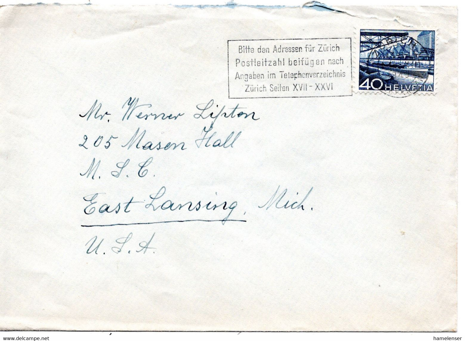 61056 - Schweiz - 1949 - 40Rp Landschaften EF A Bf ZUERICH - .. -> East Lansing, MI (USA) - Lettres & Documents