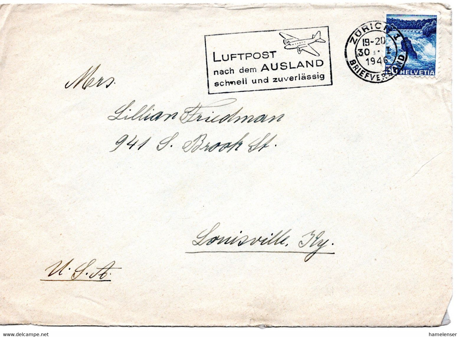 61059 - Schweiz - 1946 - 30Rp Landschaften EF A Bf ZUERICH -> Louisville, KY (USA) - Covers & Documents