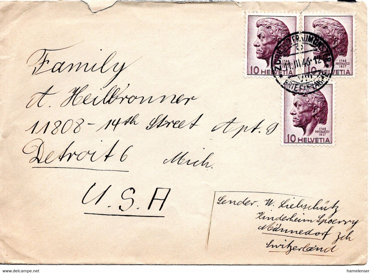 61060 - Schweiz - 1946 - 3@10Rp Pestalozzi A Bf ZUERICH -> Detroit, MI (USA) - Lettres & Documents