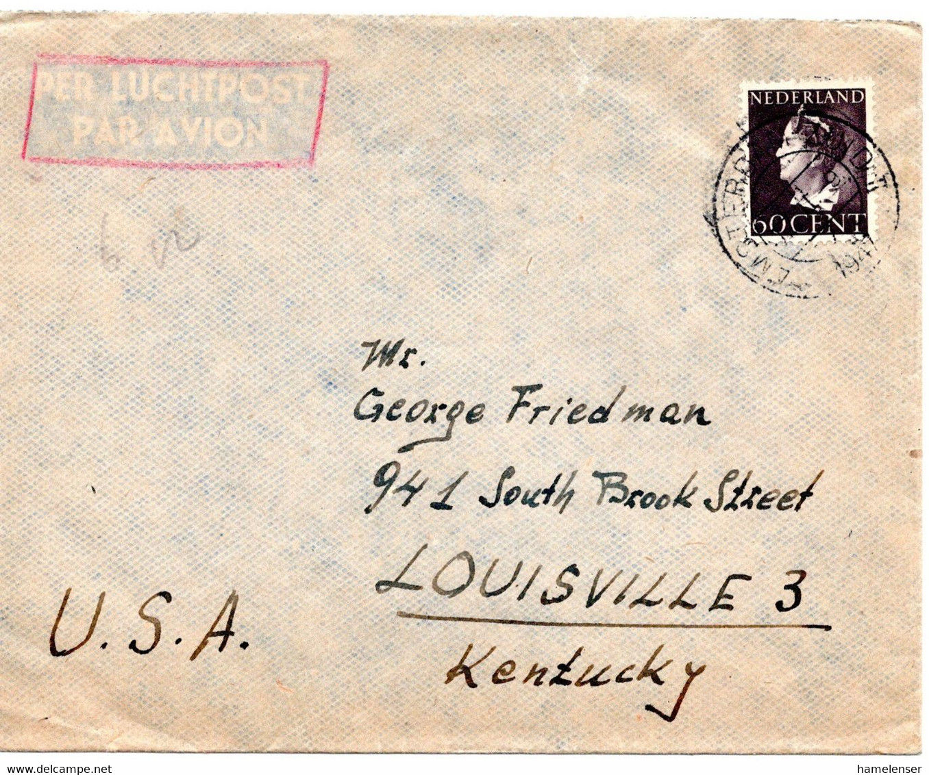 61061 - Niederlande - 1947 - 60c Wilhelmina EF A LpBf AMSTERDAM -> Louisville, KY (USA) - Covers & Documents