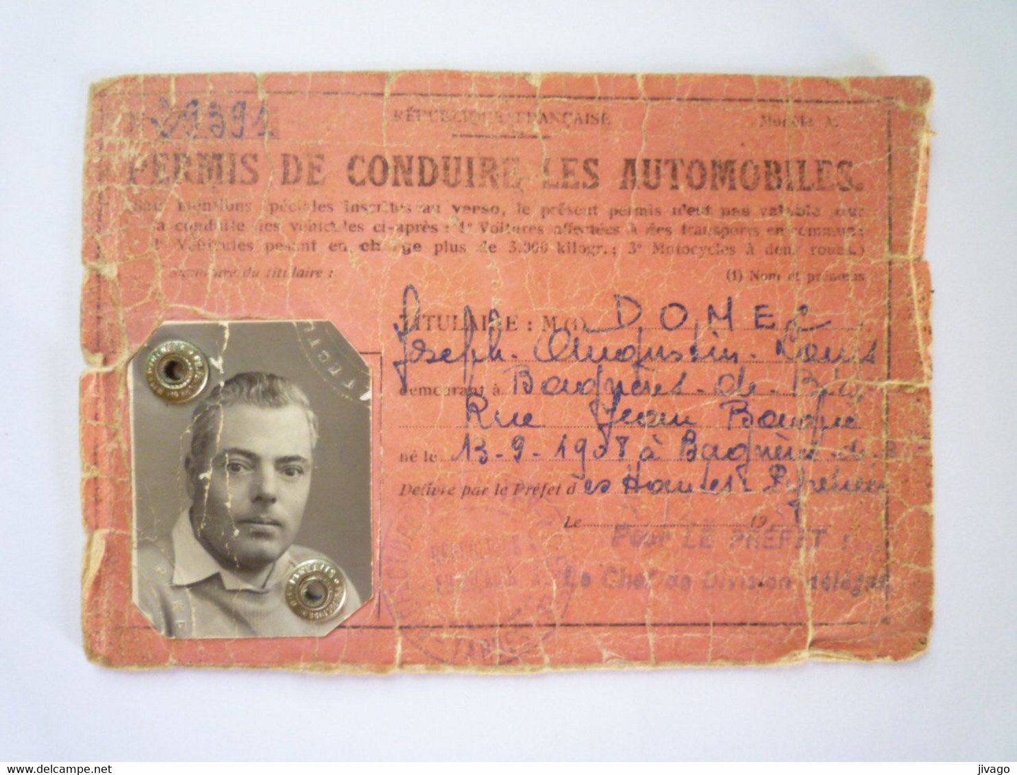 2022 - 3701  PERMIS De CONDUIRE Les AUTOMOBILES  (Joseph DOMEC  Résistant Ancien Maire De BAGNERES)   XXX - Non Classés