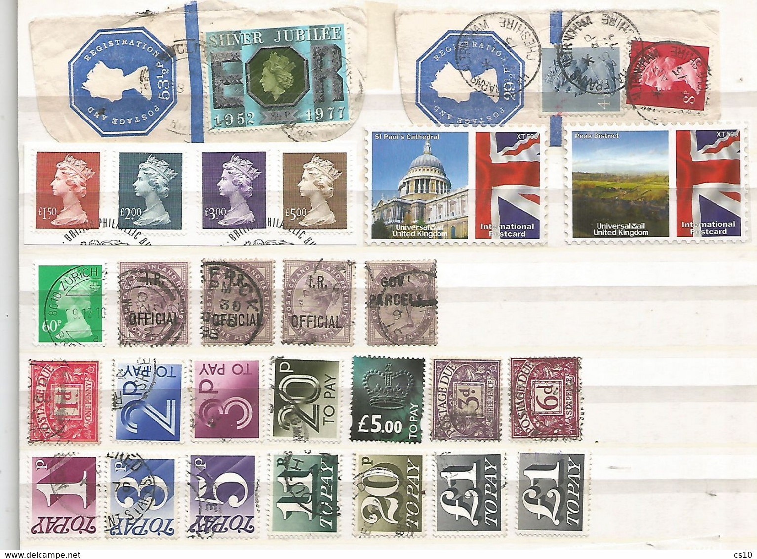 UK Britain Lot Of P.Dues Labels Field Post Offices Pcs Universal Mail Square Cuts Service Abroad PMKs Etc - Universal Mail Stamps