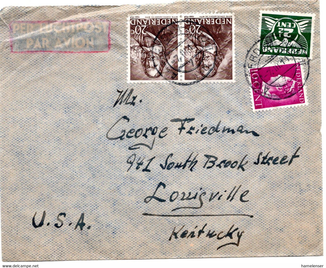 61062 - Niederlande - 1946 - 2@20c Seefahrer MiF A LpBf AMSTERDAM -> Louisville, KY (USA) - Covers & Documents