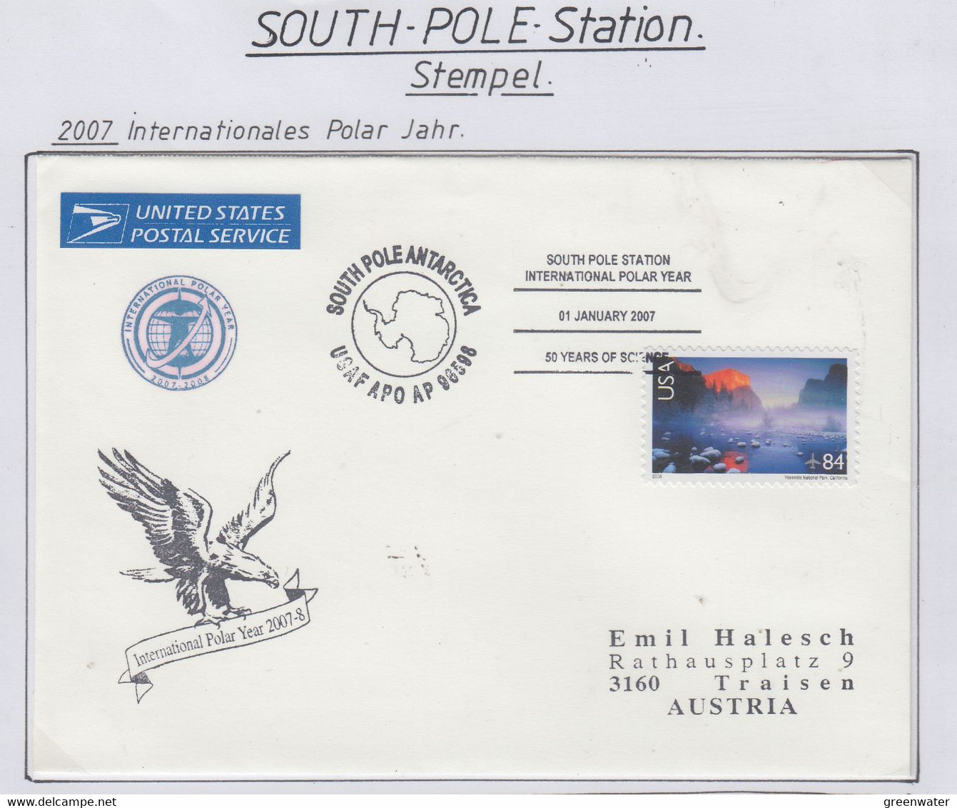 USA  South Pole Cover International Polar Year  Ca South Pole Station 01 JANUARY 2007 (PS191) - International Polar Year