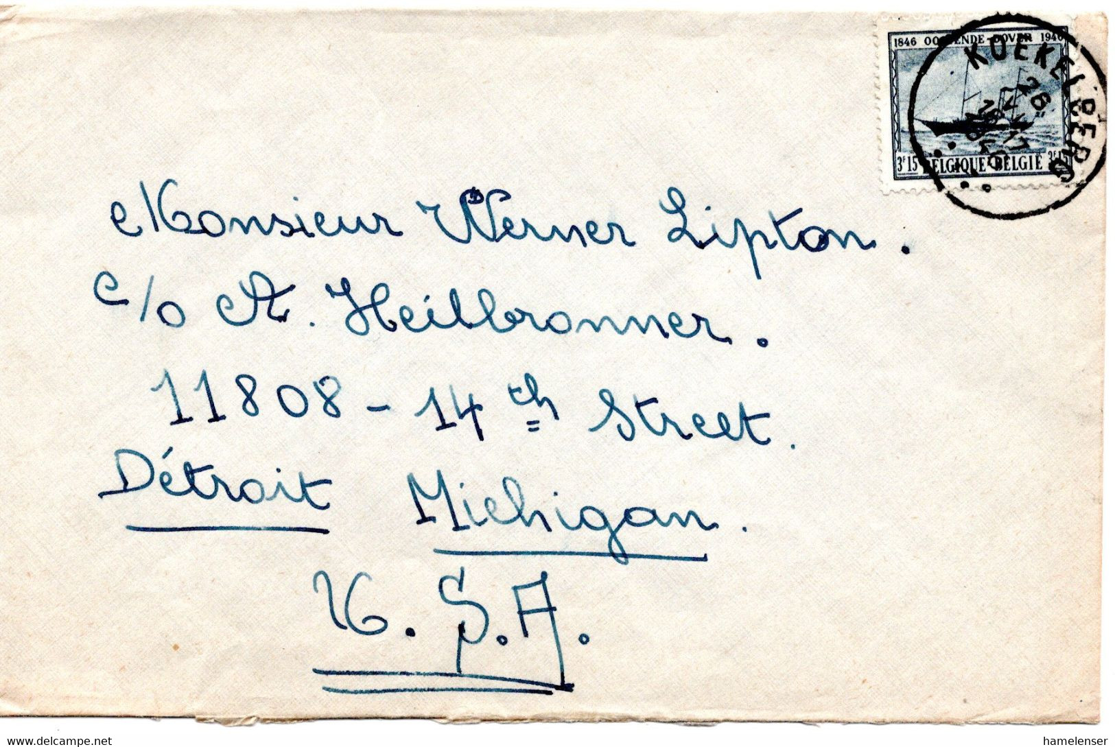 61064 - Belgien - 1946 - 3.15F Schiff EF A Bf KOEKELBERG -> Detroit, MI (USA) - Lettres & Documents