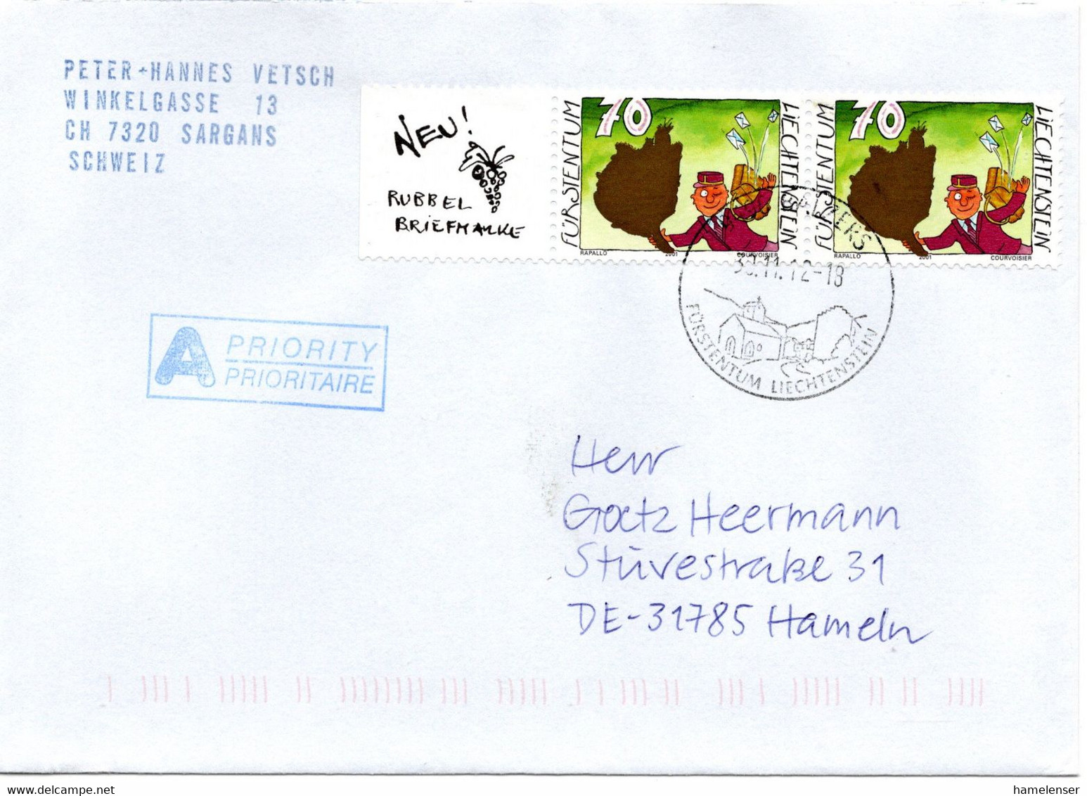 61066 - Liechtenstein - 2012 - 2@70Rp Rubbelmarke A Bf BALZERS -> Deutschland - Lettres & Documents