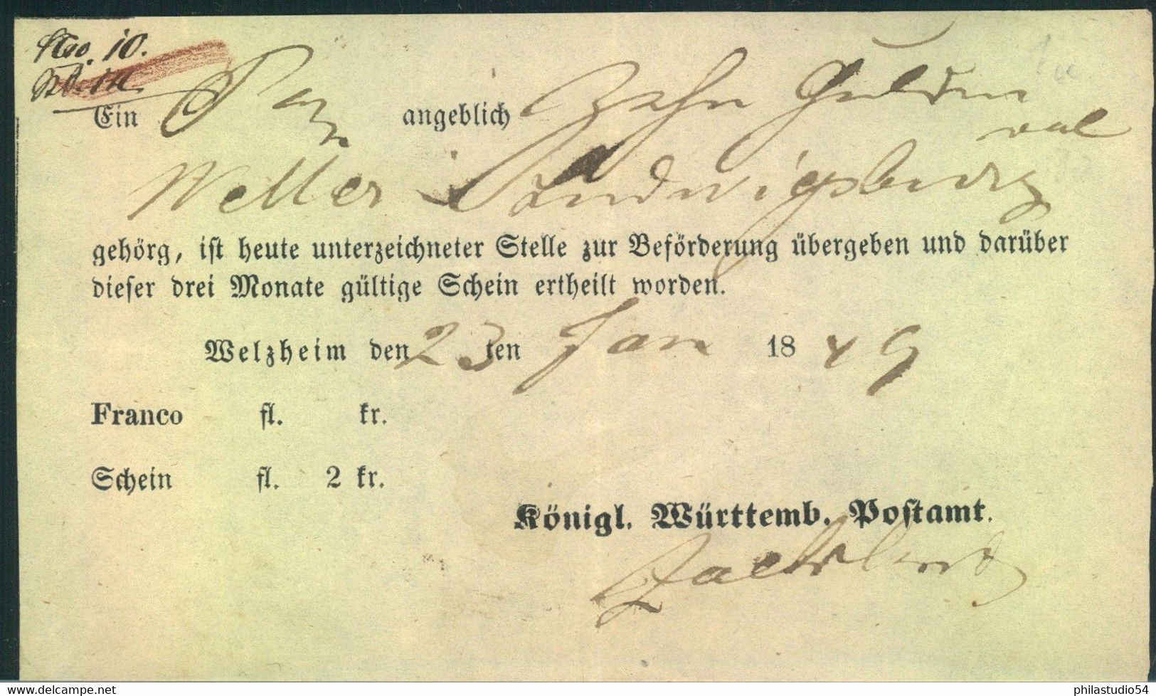 1849, Postschein Von WELZHEIM - Precursores