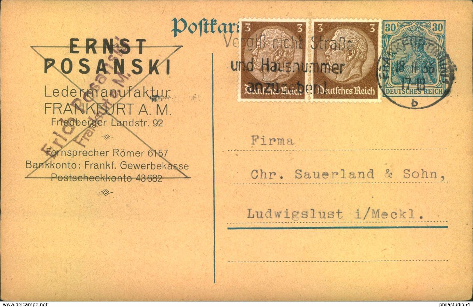 1933, GSK Mit Privatem Zudruck Und Germania-Wertstempel Mit 4'3 Pfg. Hindenburg Spät Verwendet Ab FRANKFURT (MAIN). - Other & Unclassified