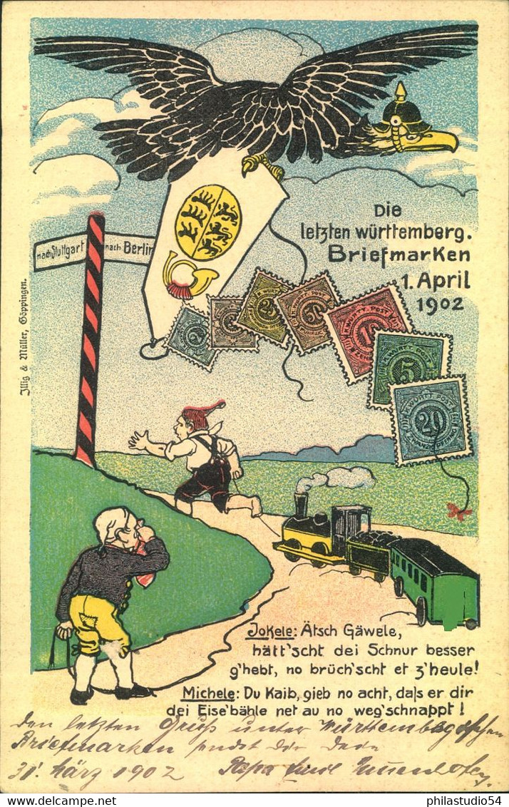 1902, Gedenkkarte Zun Ende Der Württembergischen Briefmarken  "ULN BAHNHOF 31.3.02" - Briefe U. Dokumente