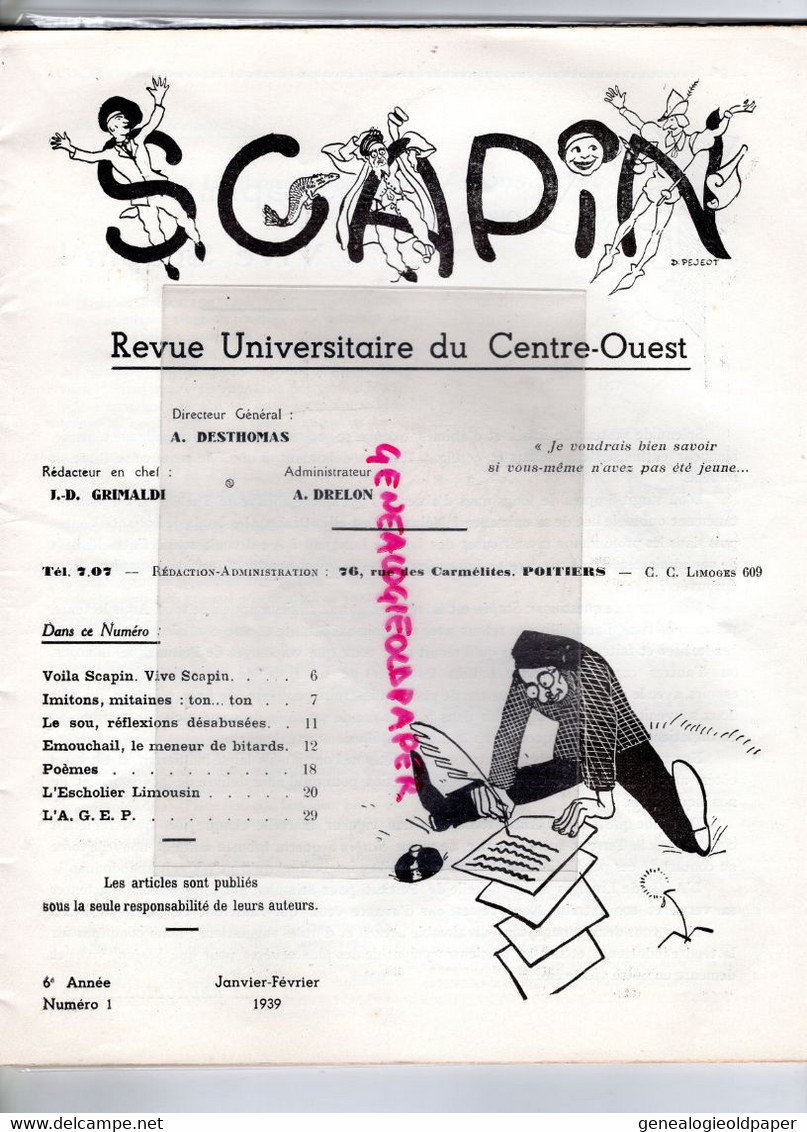 86- POITIERS- LIMOGES-RARE REVUE SCAPIN-ETUDIANTS CENTRE OUEST-1939-PEJEOT-DESTHOMAS-DRELON-GRIMALDI-PERROT-DELAVALLADE- - Poitou-Charentes