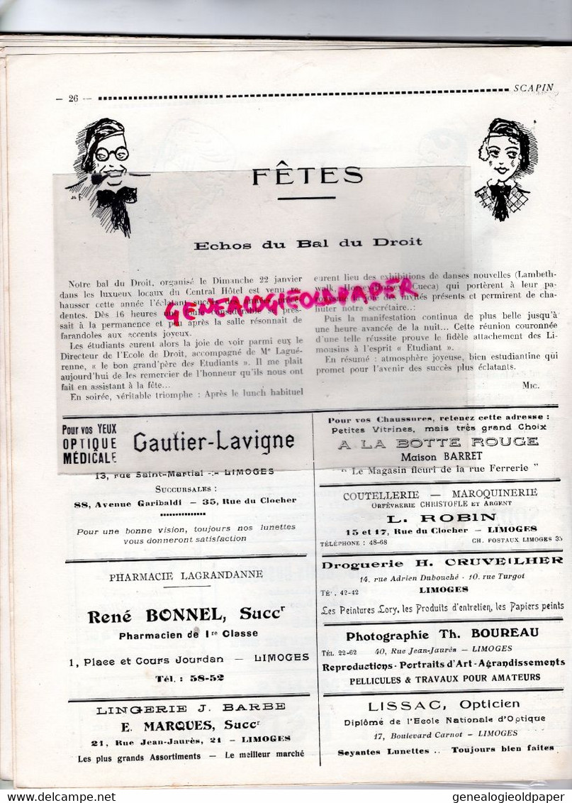 86- POITIERS- LIMOGES-RARE REVUE SCAPIN-ETUDIANTS CENTRE OUEST-1939-PEJEOT-DESTHOMAS-DRELON-GRIMALDI-PERROT-DELAVALLADE-