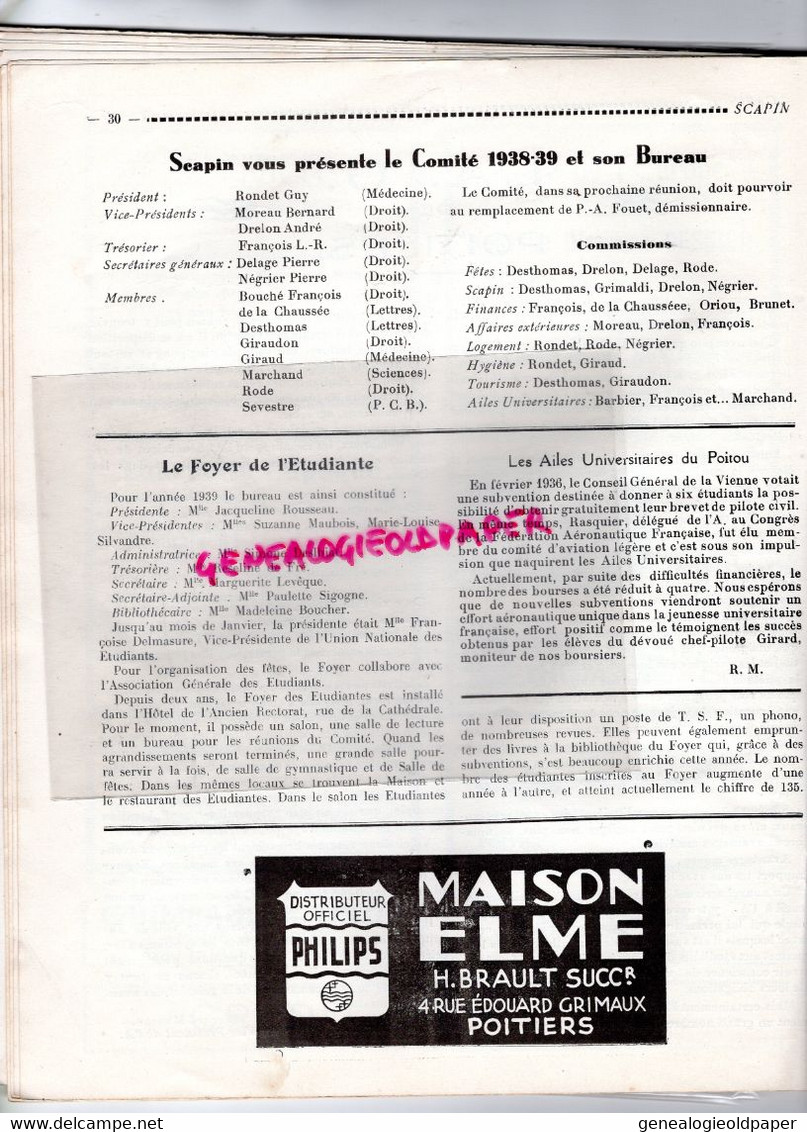 86- POITIERS- LIMOGES-RARE REVUE SCAPIN-ETUDIANTS CENTRE OUEST-1939-PEJEOT-DESTHOMAS-DRELON-GRIMALDI-PERROT-DELAVALLADE-