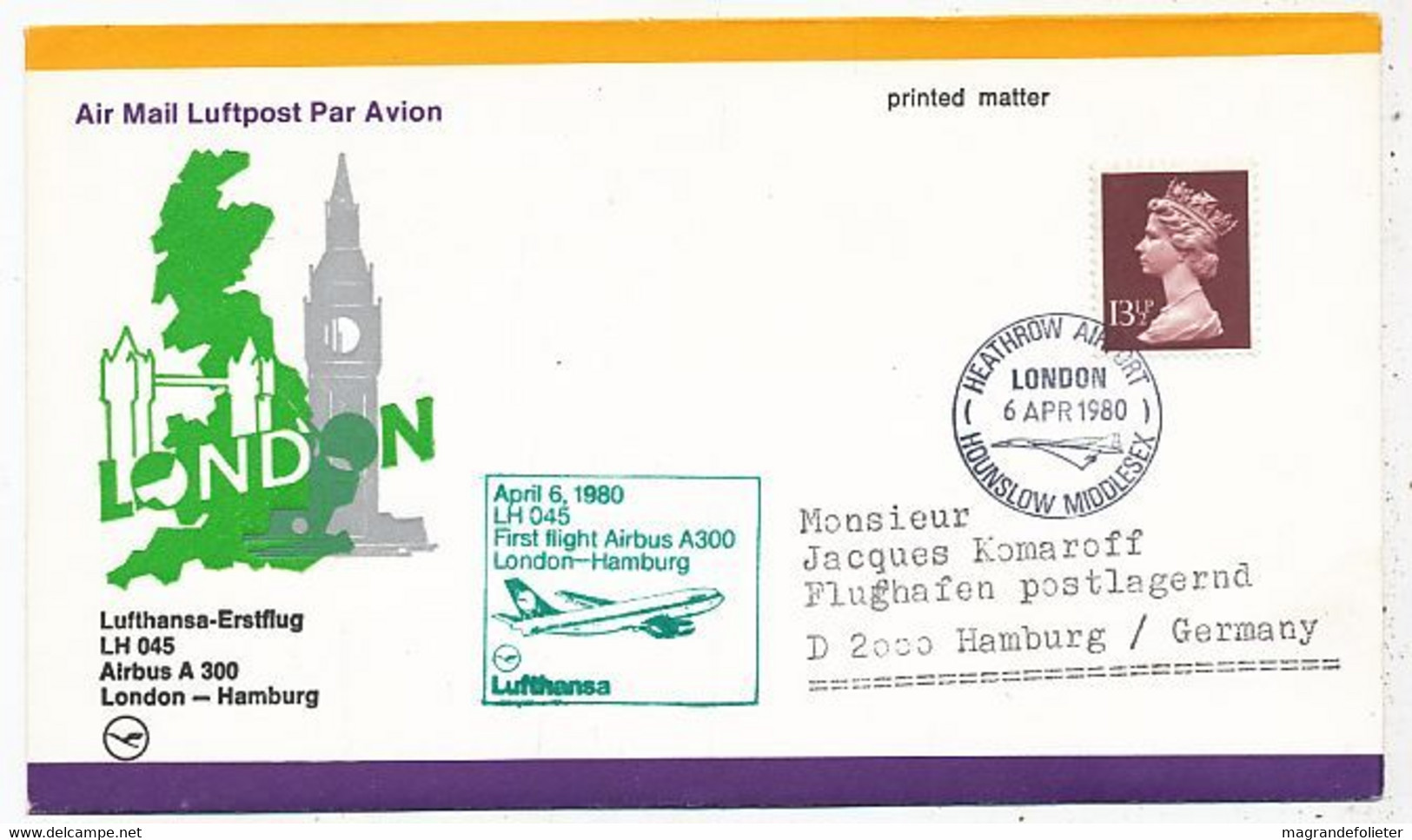 AVION AVIATION AIRLINE LUFTHANSA VOL LONDON-HAMBURG EN AIRBUS A-300 1980 - Flight Certificates