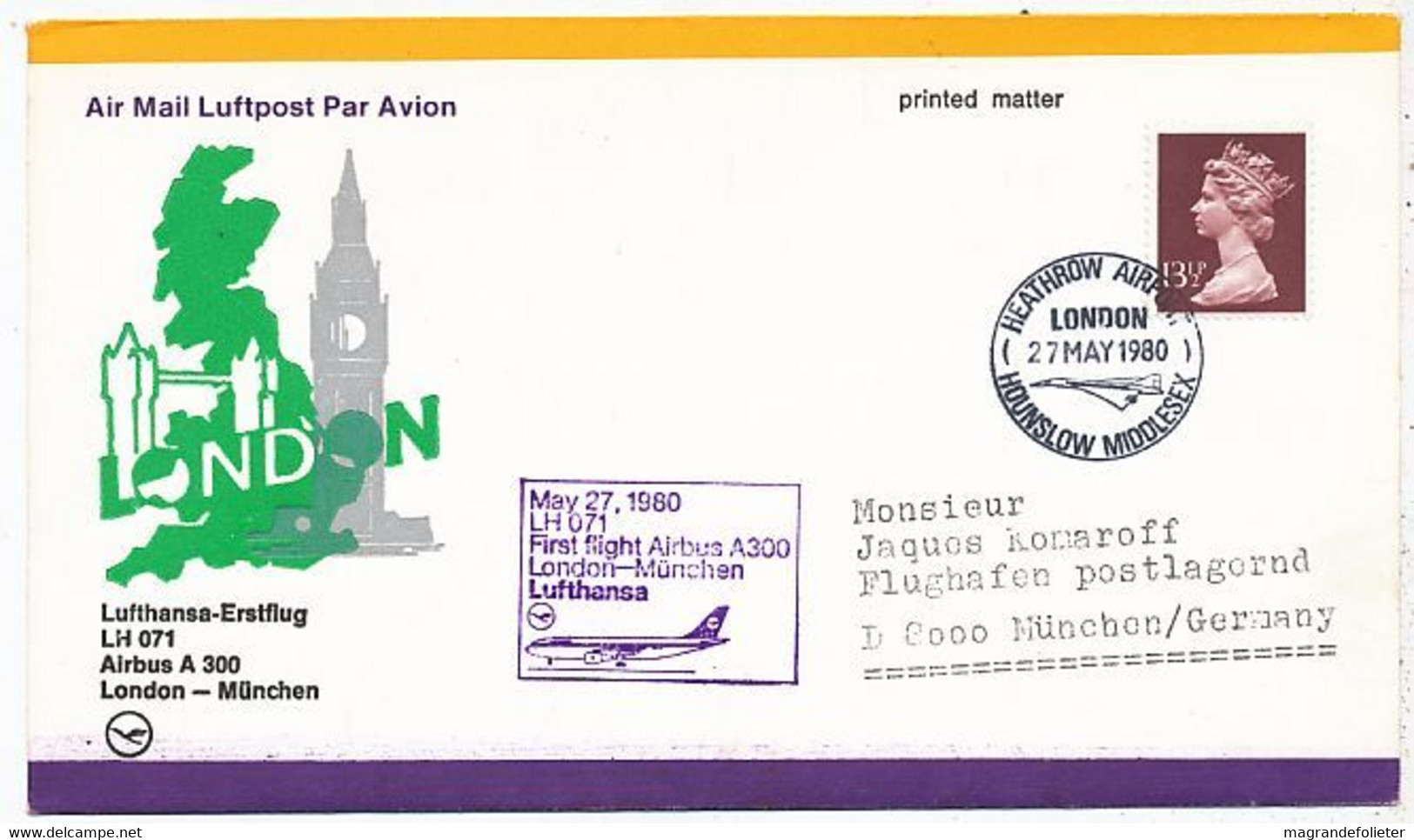 AVION AVIATION AIRLINE LUFTHANSA VOL LONDON-MUNCHEN EN AIRBUS A-300 1980 - Flight Certificates