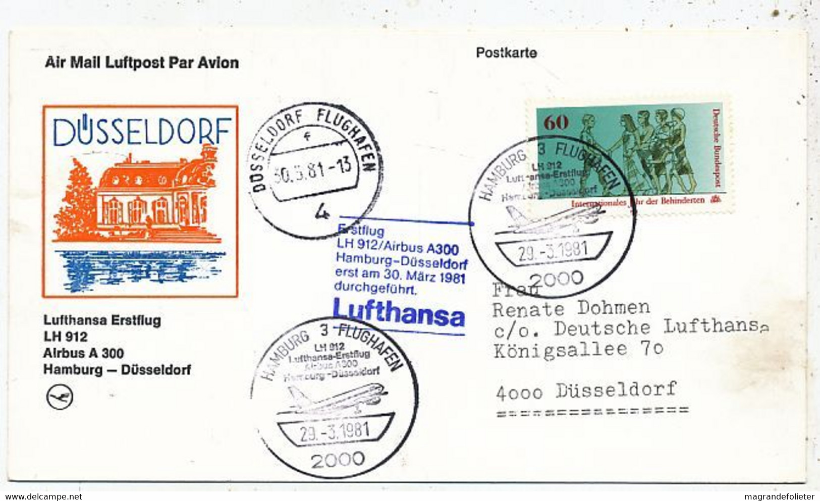 AVION AVIATION AIRLINE LUFTHANSA VOL LH 912 HAMBURG-DÜSSELDORF EN AIRBUS A-300 1981 - Flight Certificates