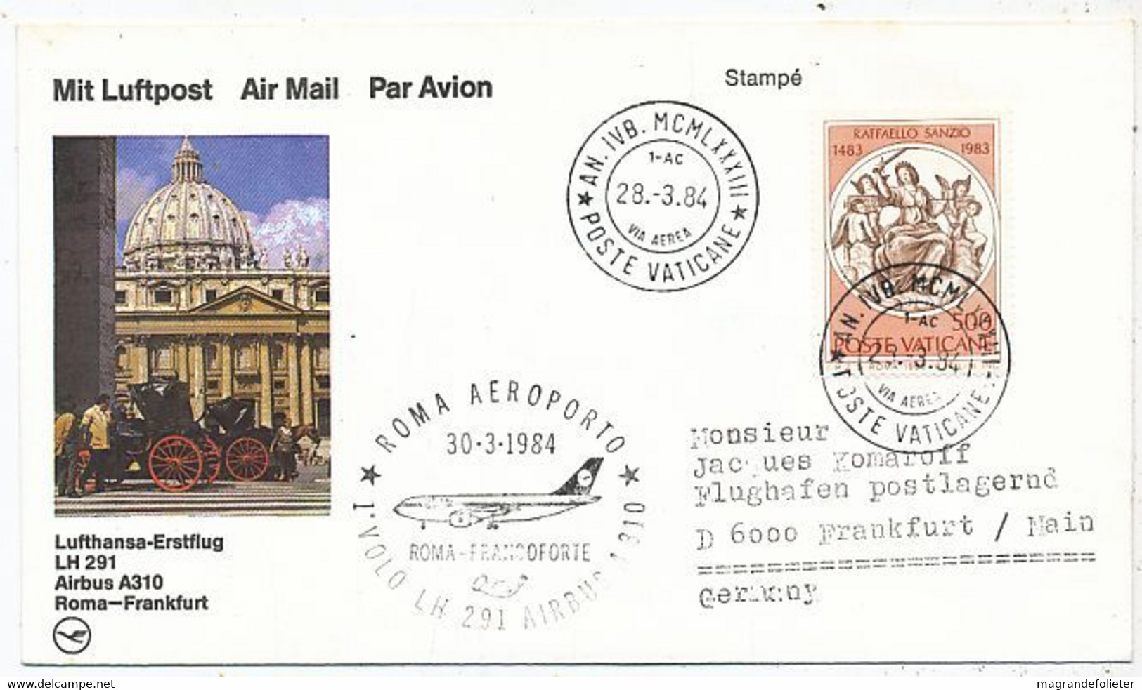 AVION AVIATION AIRLINE LUFTHANSA VOL LH 291 ROMA-FRANFURT  EN AIRBUS A-310 1976 - Flight Certificates