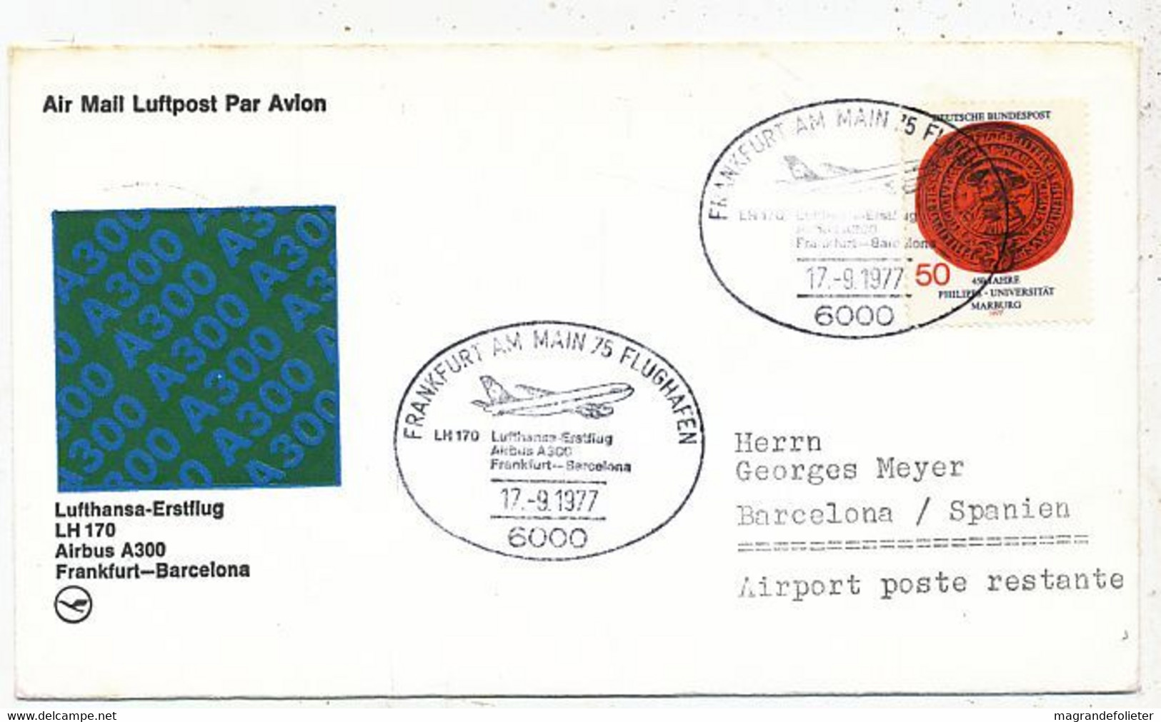 AVION AVIATION AIRLINE LUFTHANSA VOL LH 170 FRANFURT-BARCELONA EN AIRBUS A-300 1977 - Flight Certificates