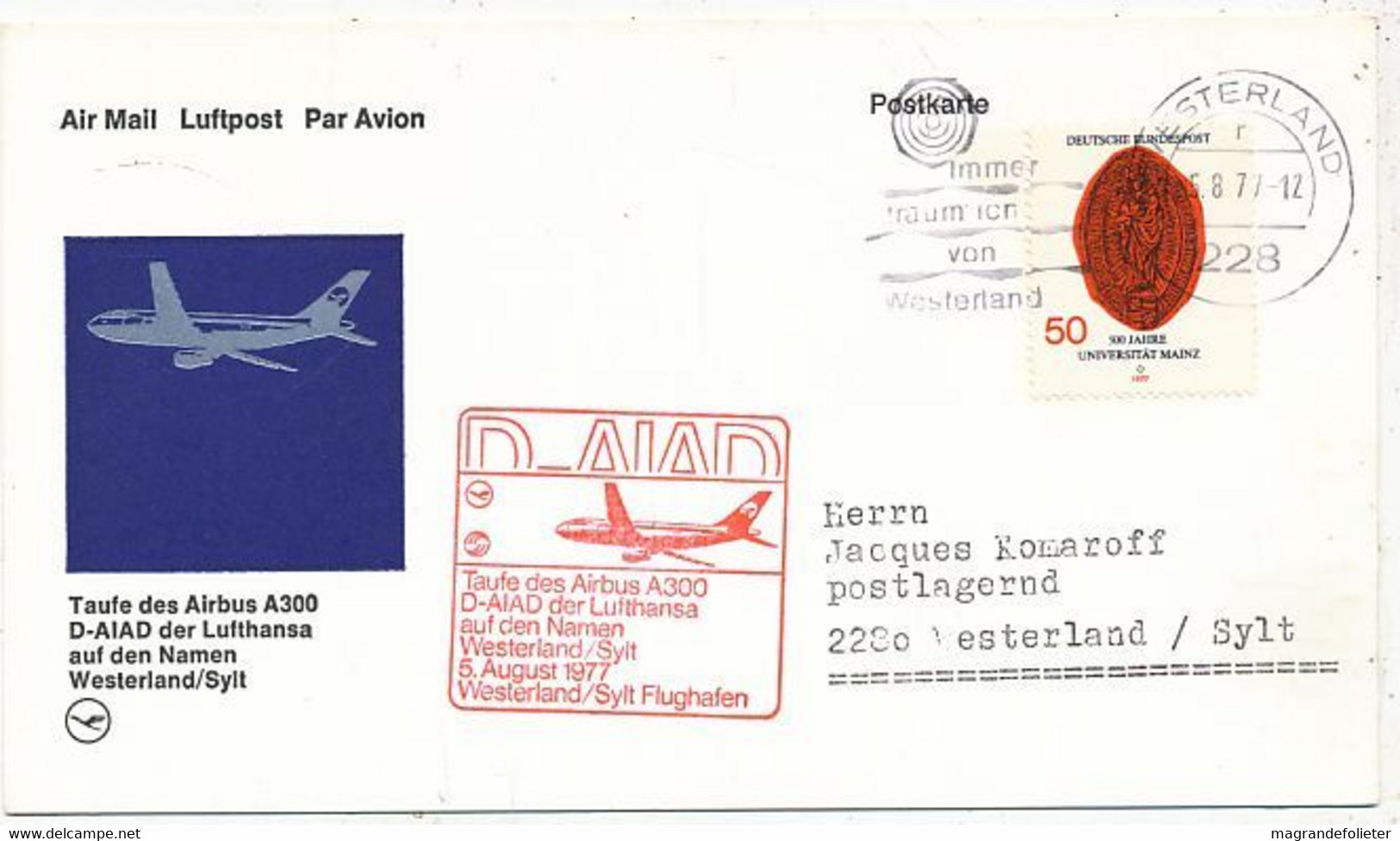 AVION AVIATION AIRLINE LUFTHANSA VOL AIRBUS A-300 AUF DEN NAMEN WESTERLAND-SYLT 1977 - Flight Certificates