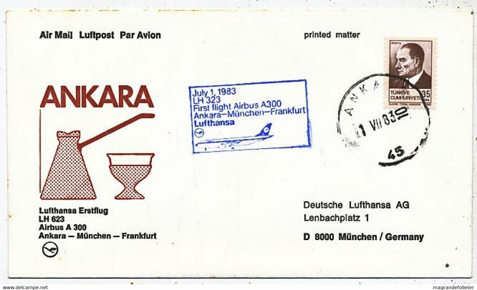 AVION AVIATION AIRLINE LUFTHANSA LH 623 VOL ANKARA-MÜNCHEN-FRANKFURT  AIRBUS A-300 1983 - Certificats De Vol