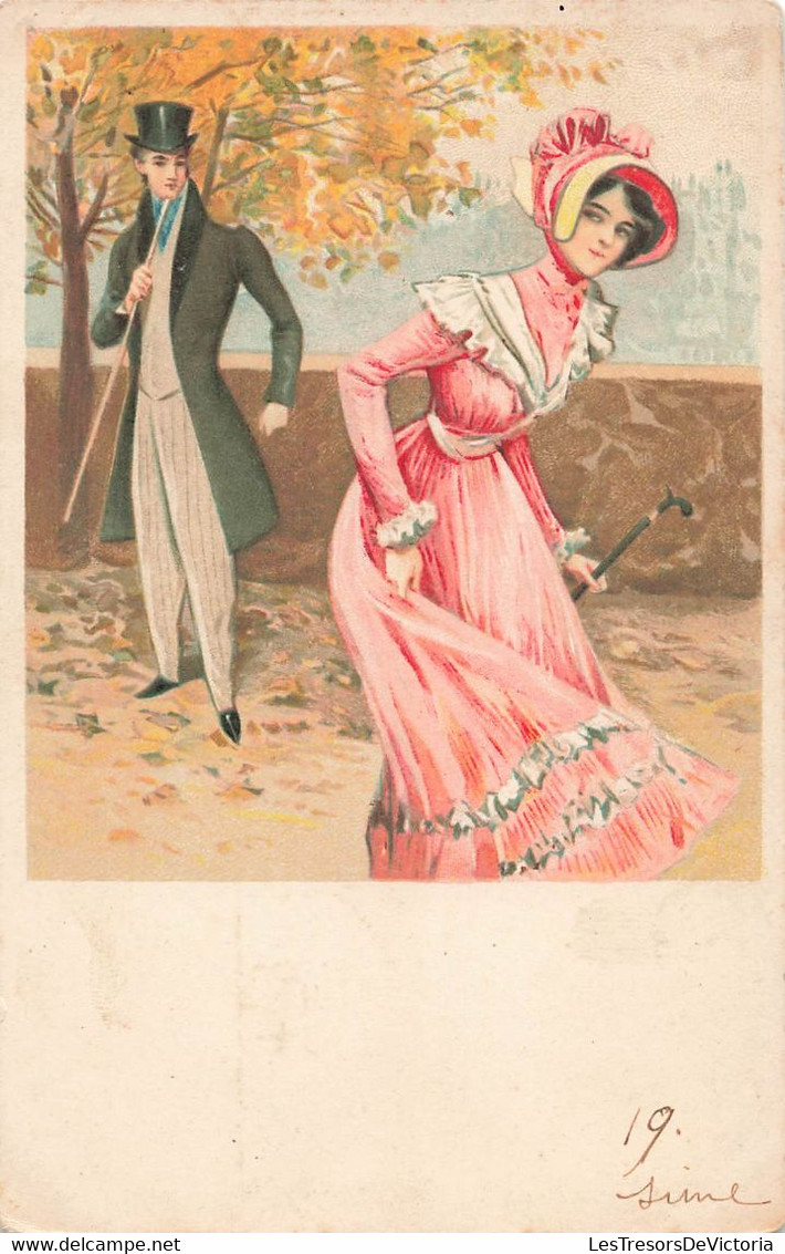 CPA Illustrateur - Une Femme Et Un Homme Avec Chapeau Haut De Forme En Automne - Oblitéré à Compiègne En 1904 - Ohne Zuordnung