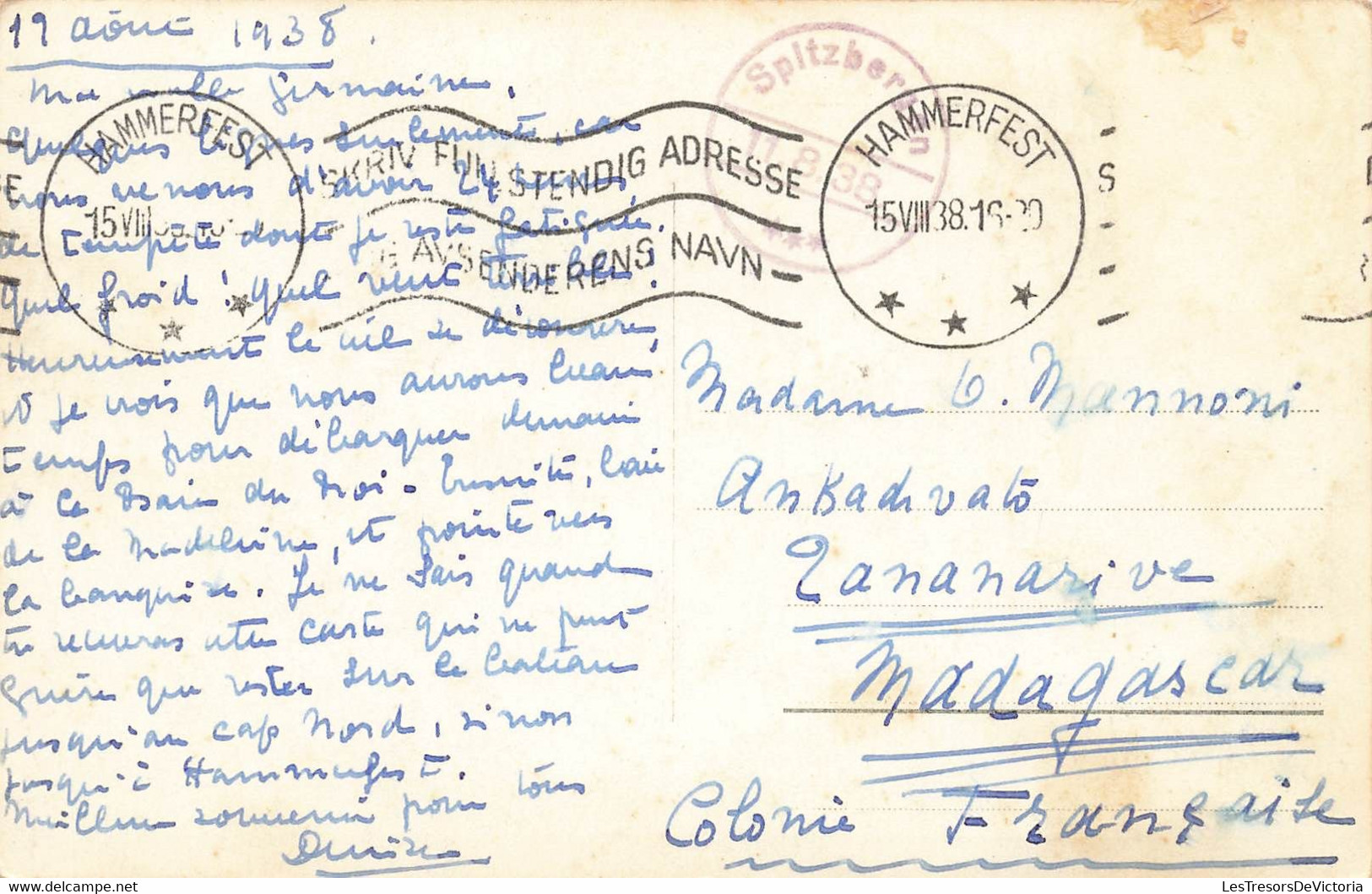 CPA Fra Svalbard - Oblitéré à Hammerfest Et Spitzberg En 1938 - Carte Envoyée à Madagascar Colonie Française - Noorwegen