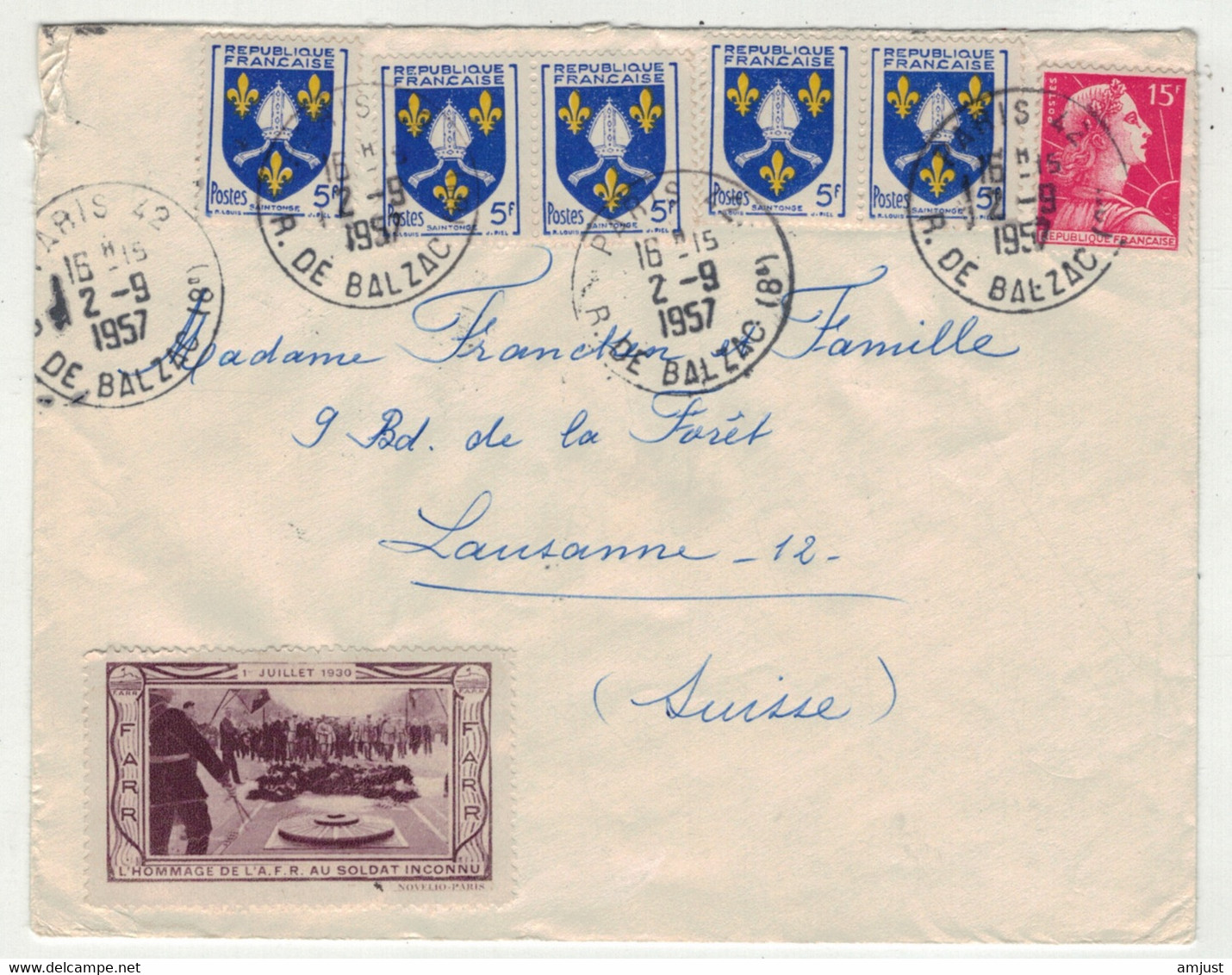 France // 1950-1959 // Lettre Pour La Suisse (Vignette De L'A.F.R. Au Soldat Inconnu) - Covers & Documents