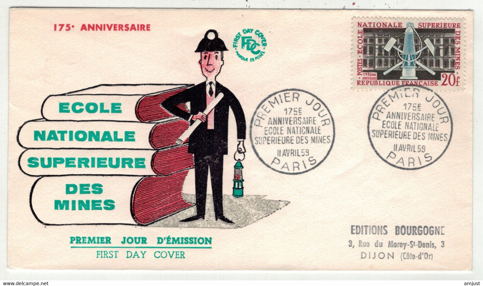 France //  FDC // Lettre 1er Jour, Ecole Nationale Supérieure Des Mines, Paris 11.04.1959 - 1950-1959