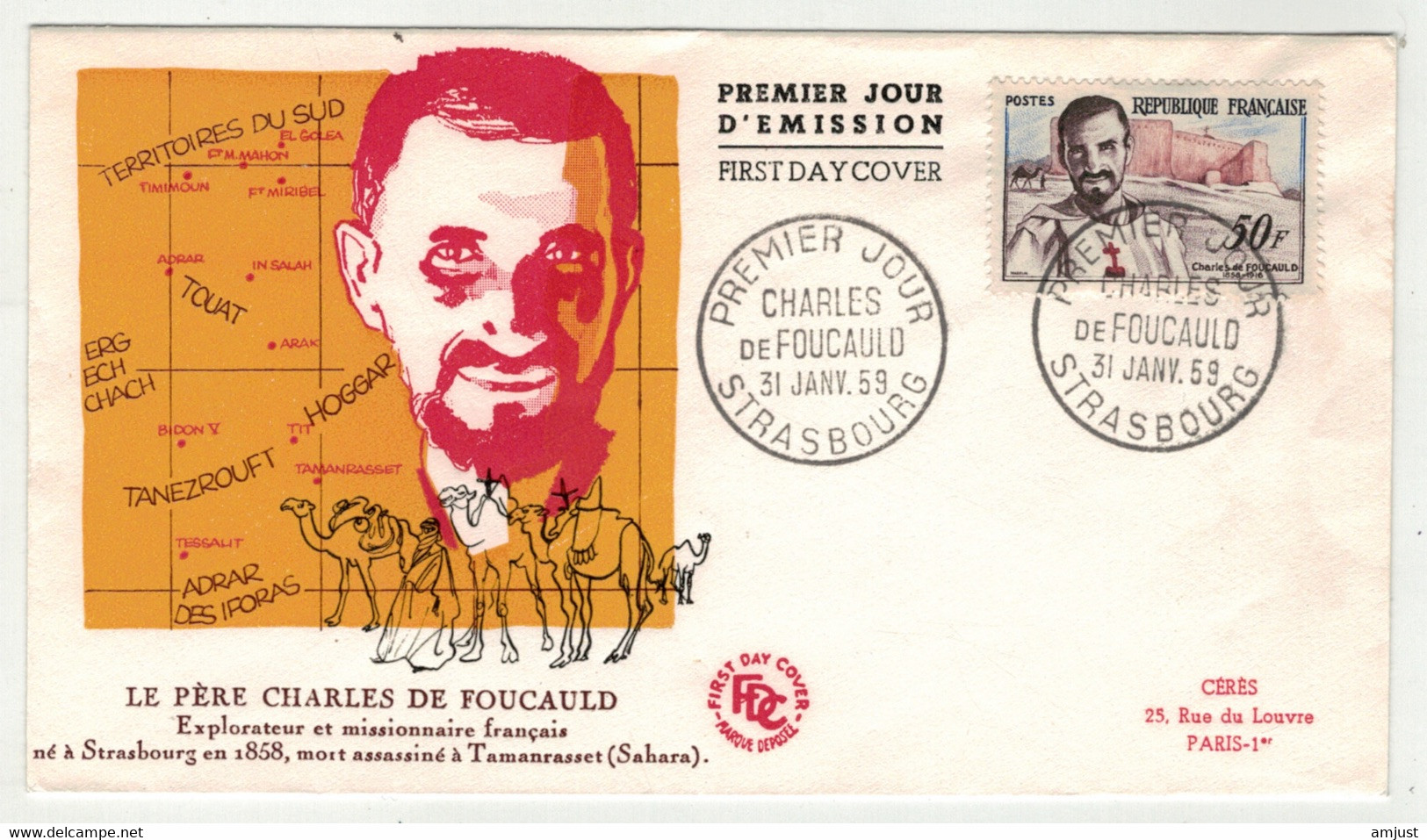 France //  FDC // Lettre 1er Jour, Le Père Charles De Foucauld, Strasbourg 31.01.1959 - 1950-1959