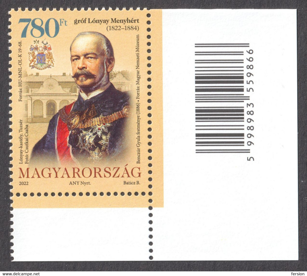 Menyhért Lónyay Politician Prime Minister  Barcode EAN BAR Code Label Vignette CORNER 2022 Hungary - Unused Stamps