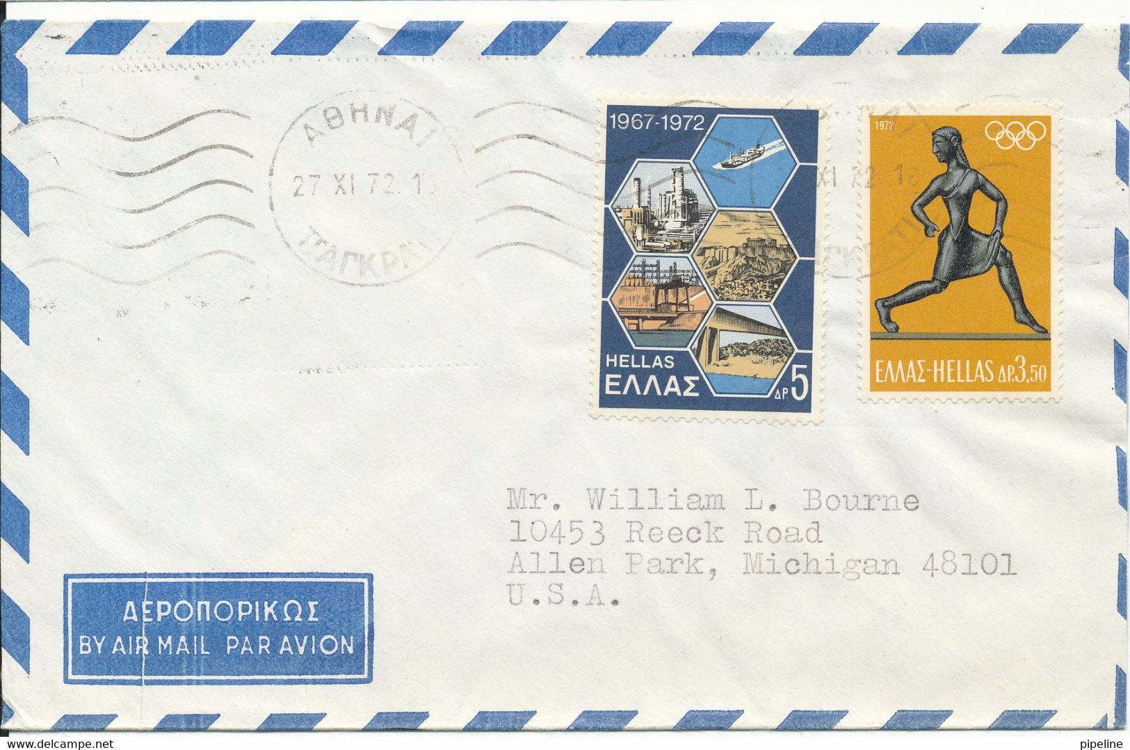 Greece Air Mail Cover Sent To USA 27-11-1972 - Covers & Documents